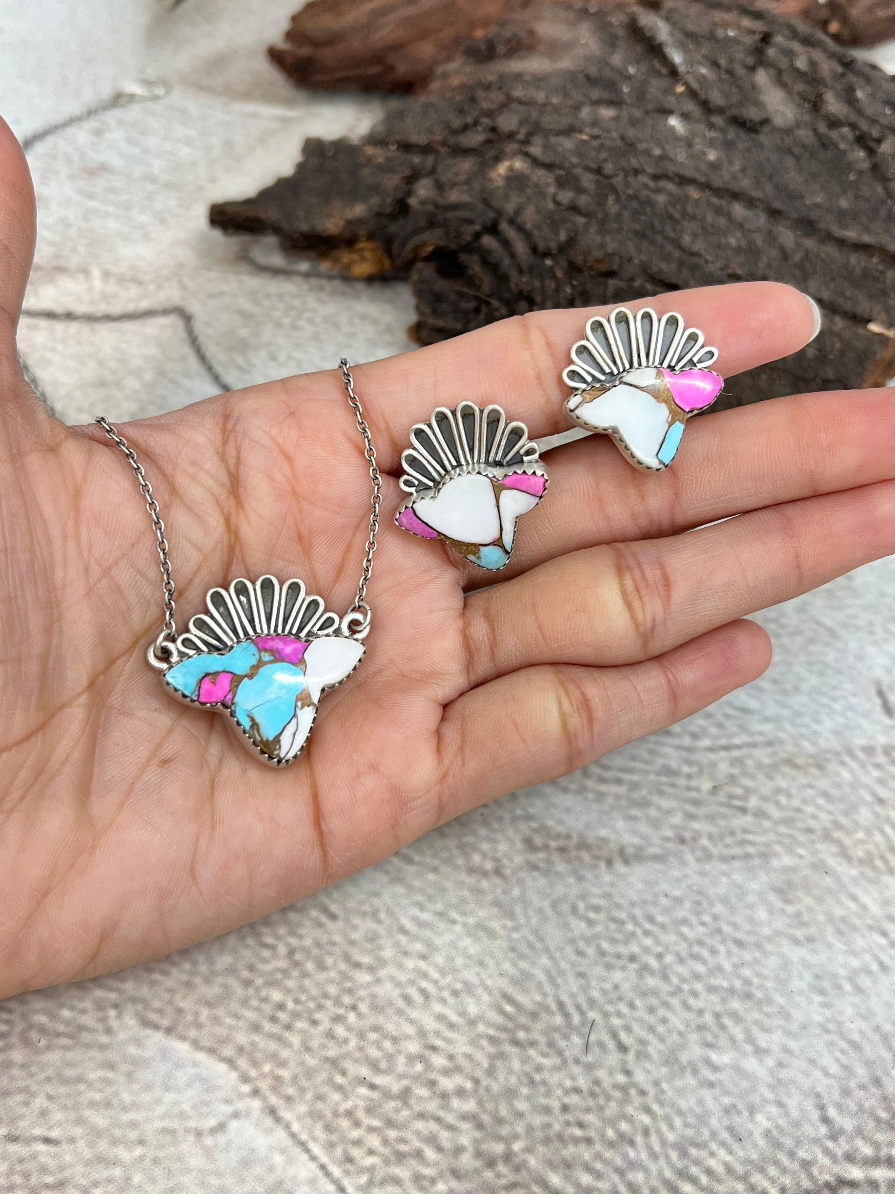 Handmade Sterling Silver Cotton Candy Turquoise Bull Necklace Earrings Set, Signed Nizhoni