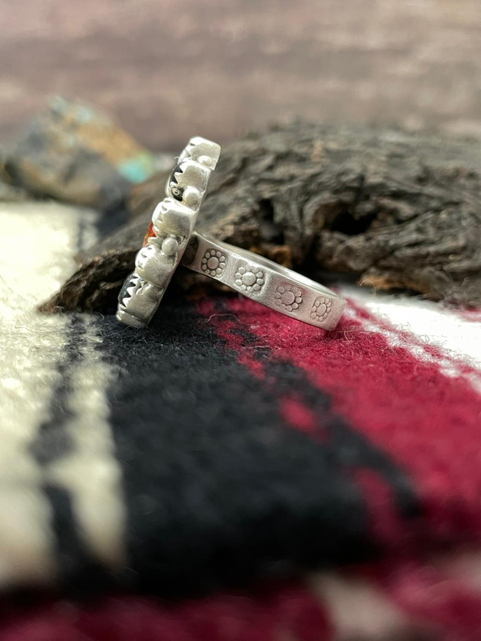 "Christmas Collection" Handmade Sterling Silver White Buffalo with Red Opal Adjustable Ring "Signed Nizhoni"