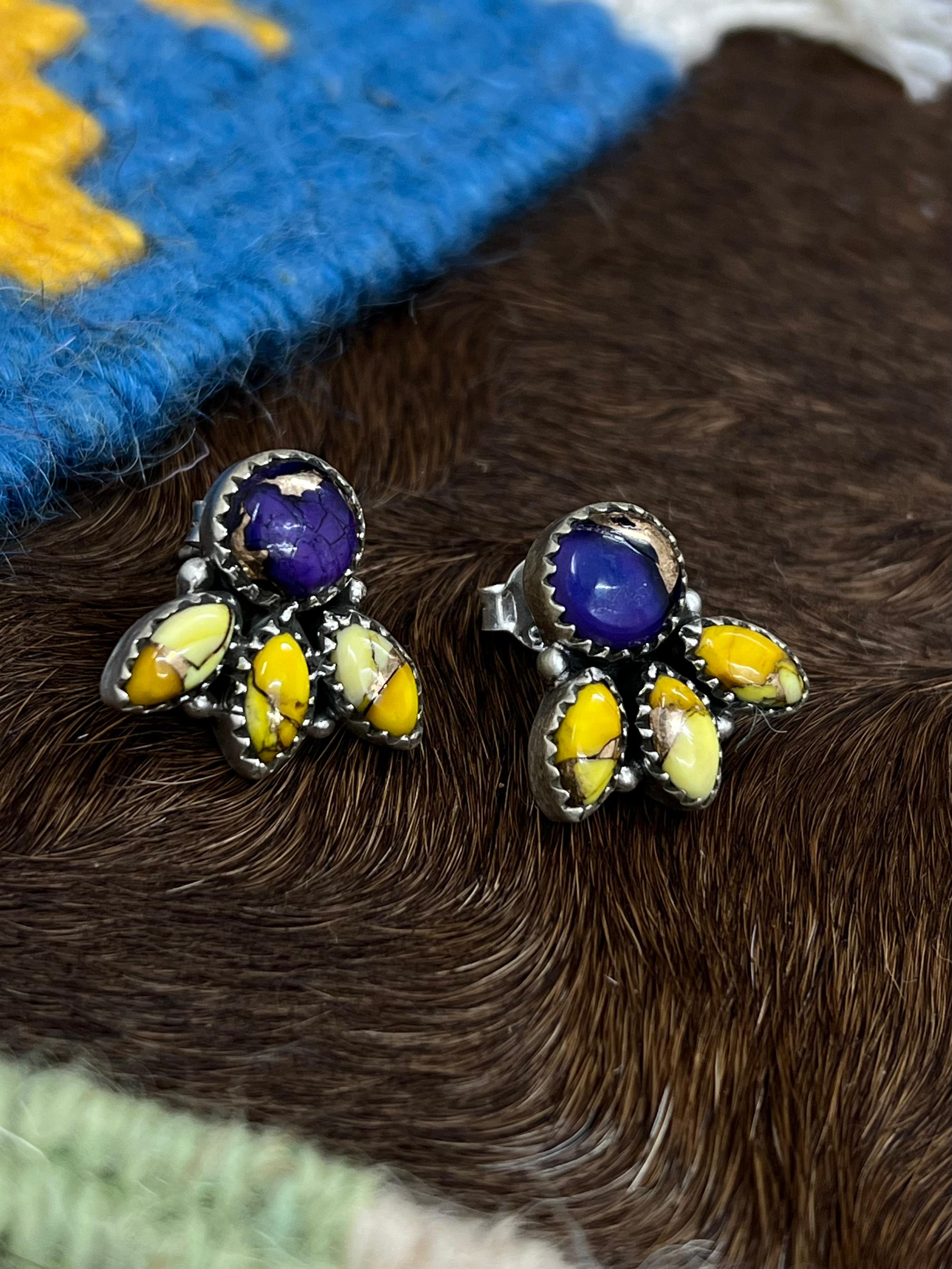 Handmade Sterling Silver Grape Dahlia With Honey Dahlia Post Studs with Signed Nizhoni