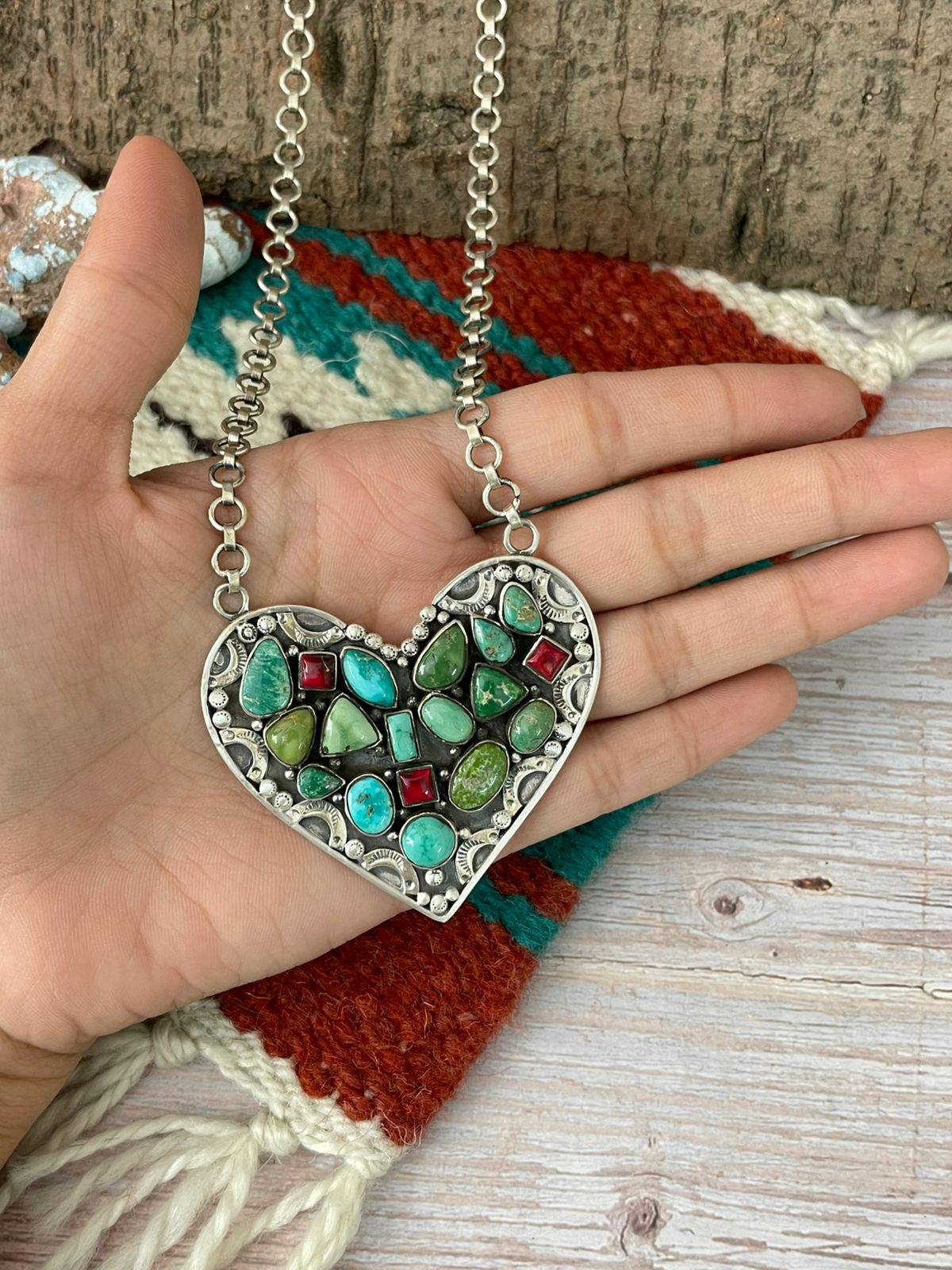 Handmade Sterling Silver Dahlia Rose with Emerald Valley Turquoise Necklace "Signed Nizhoni"