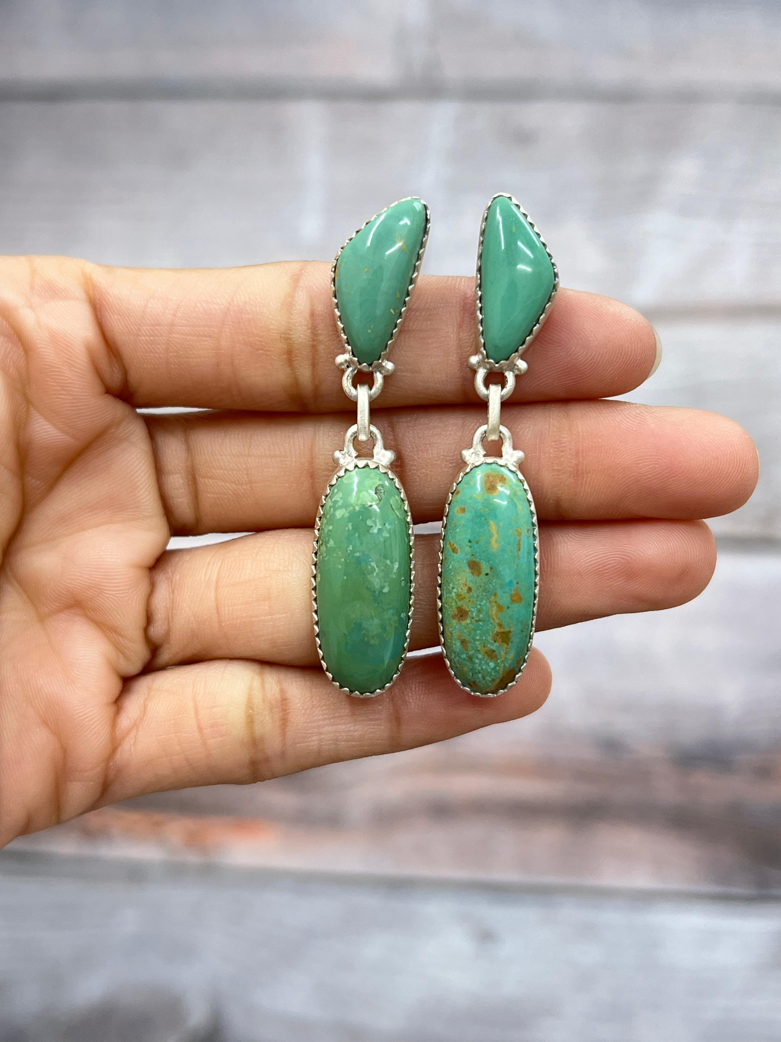 Handmade Sterling Silver Royston Turquoise Dangle Earrings with Signed Nizhoni