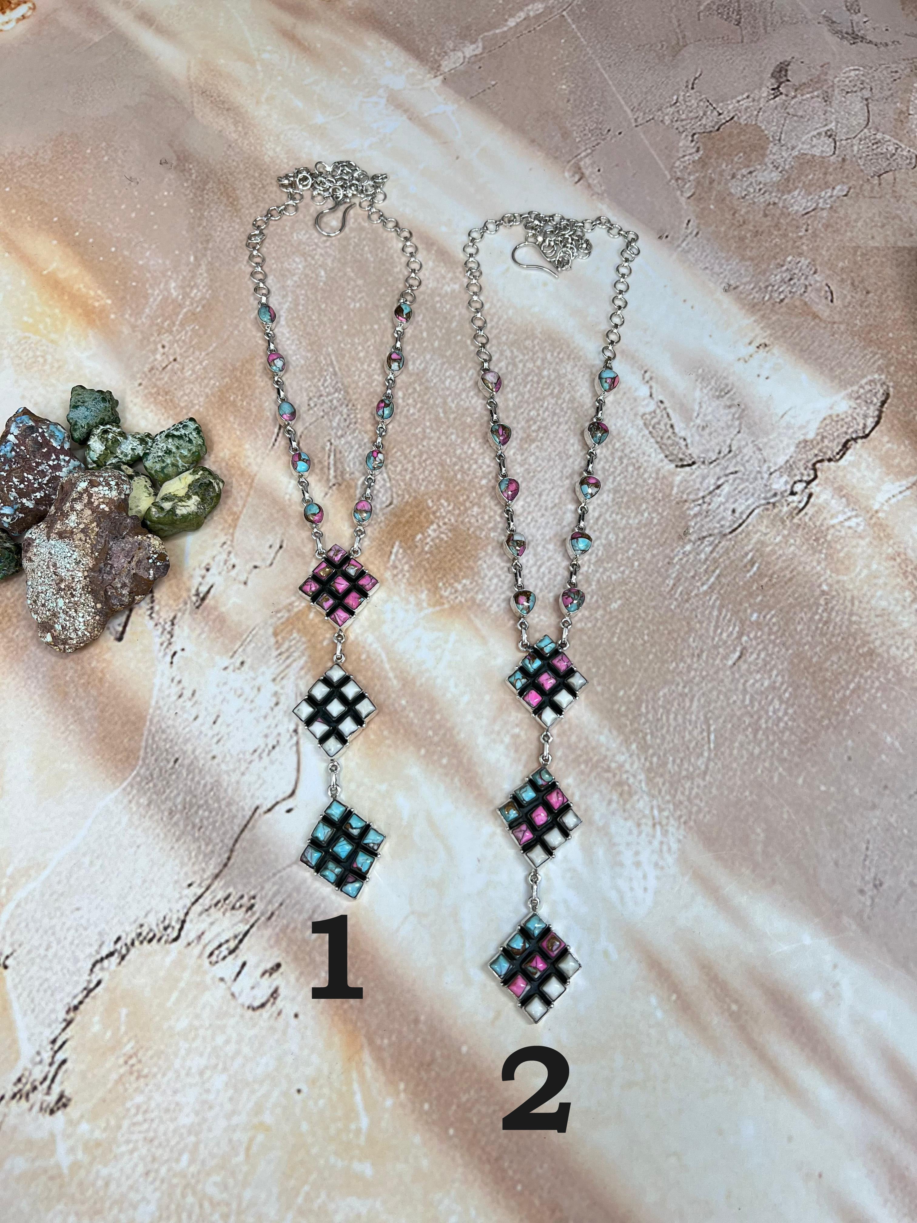 Handmade Sterling Silver Cotton Candy Turquoise Necklace with Signed Nizhoni