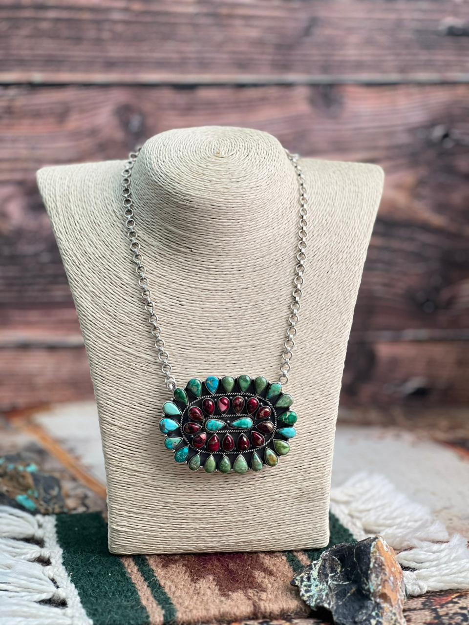 Handmade Sterling Silver Dahlia Rose with Emerald Valley Turquoise Necklace "Signed Nizhoni"