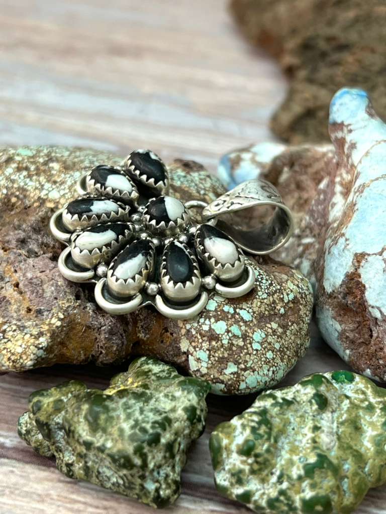 Handmade Sterling Silver White Buffalo Turquoise Pendant with Signed Nizhoni