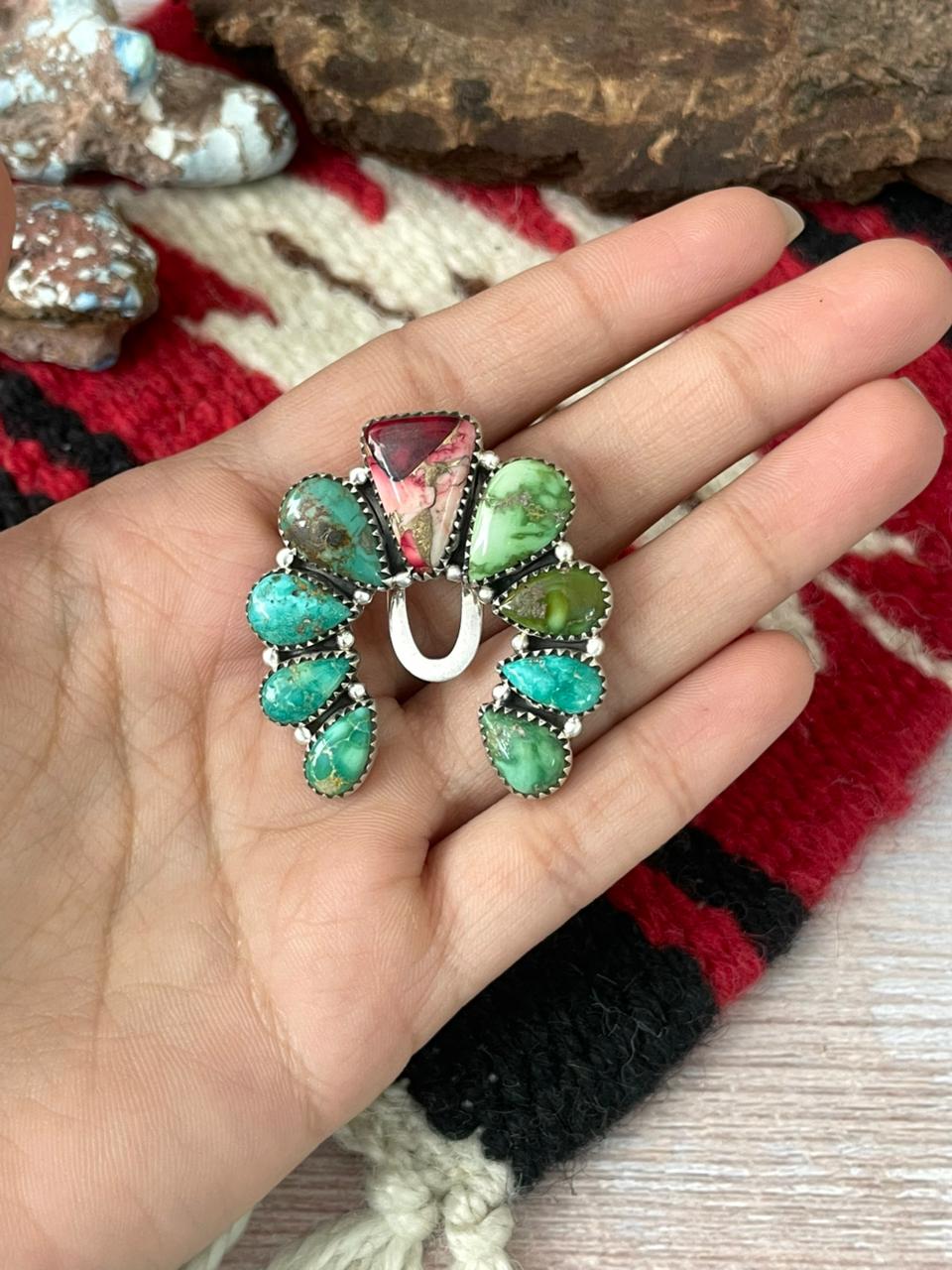 Handmade Sterling Silver Dahlia Rose with Emerald Valley Turquoise Purse Key Clip "Signed Nizhoni"