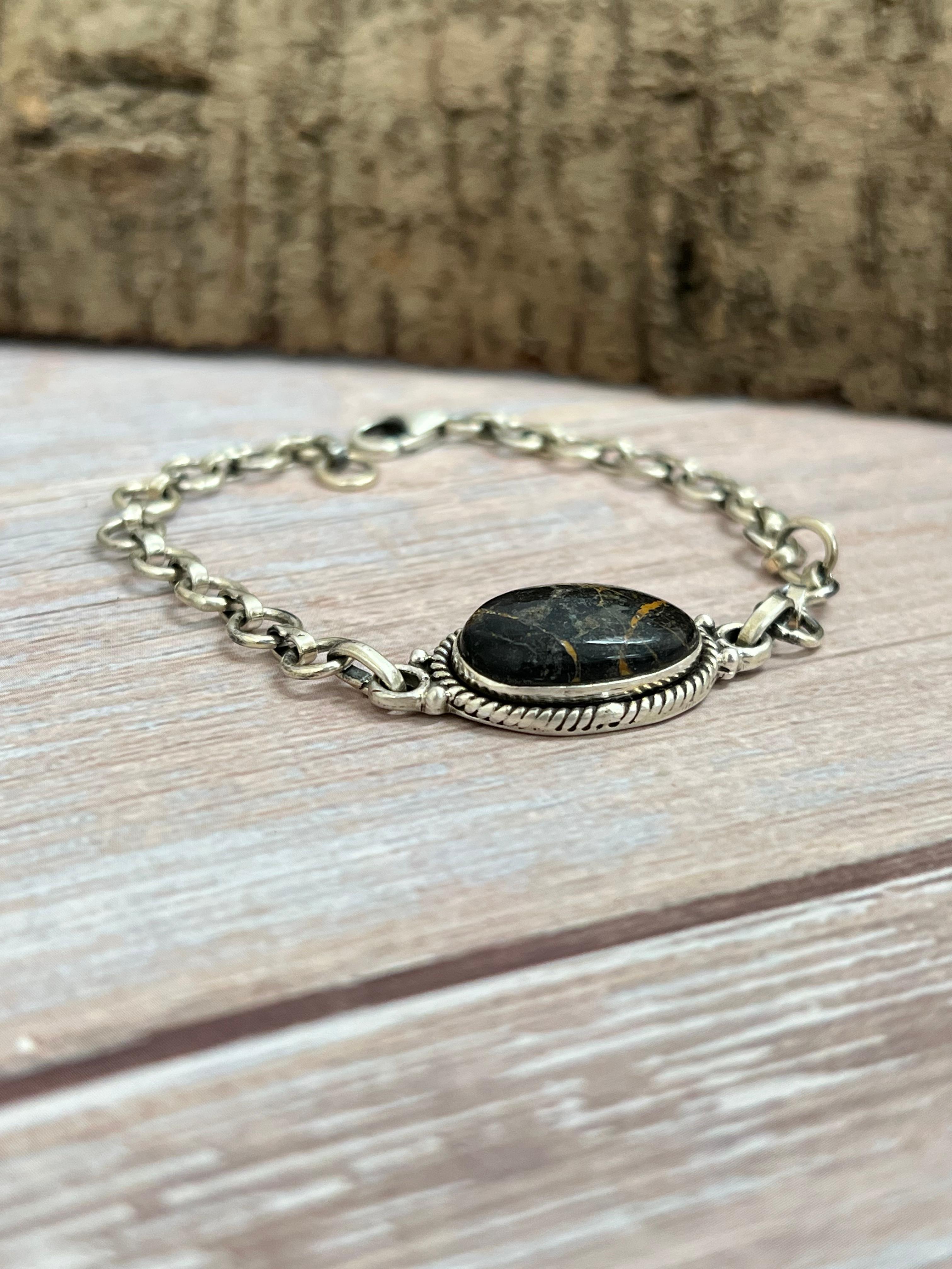 Handmade Sterling Silver Black Jack Chain Bracelet with Signed Nizhoni