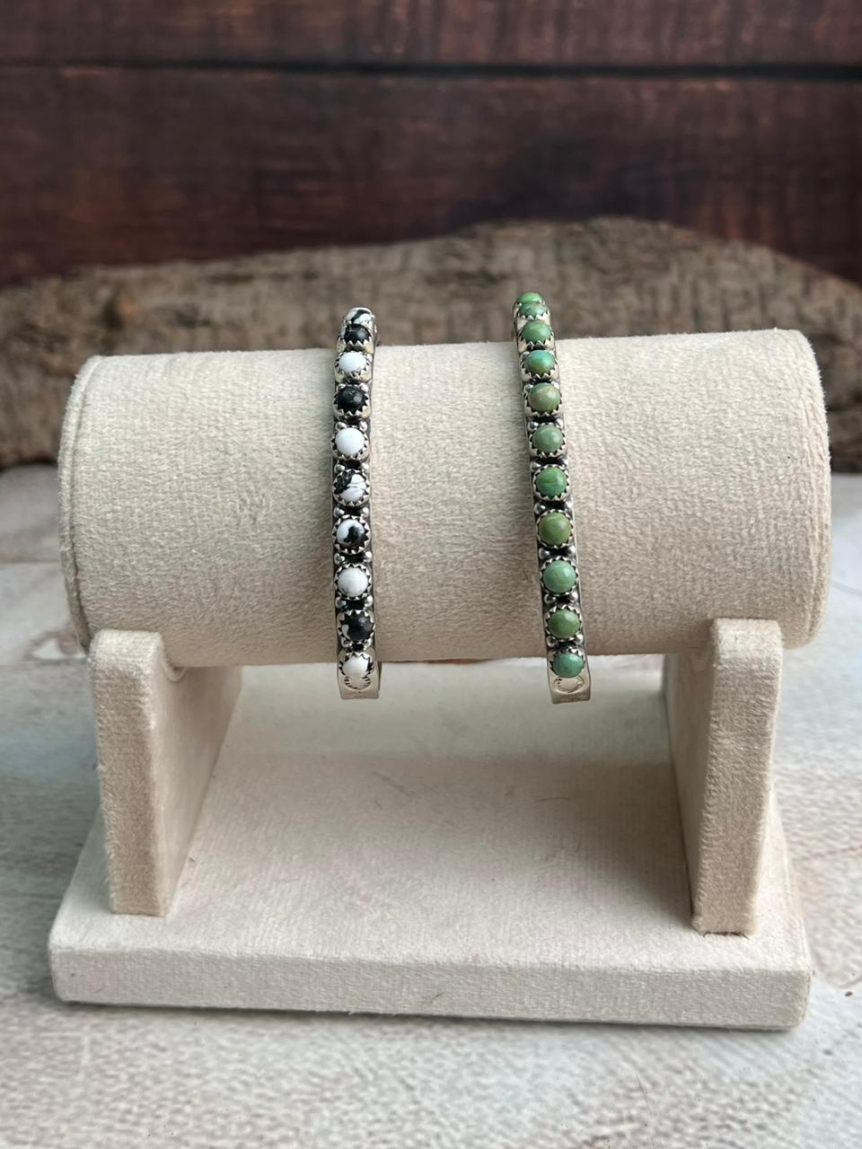 Handmade Sterling Silver White Buffalo, Kingman Turquoise Cuff Bracelet "Signed Nizhoni"