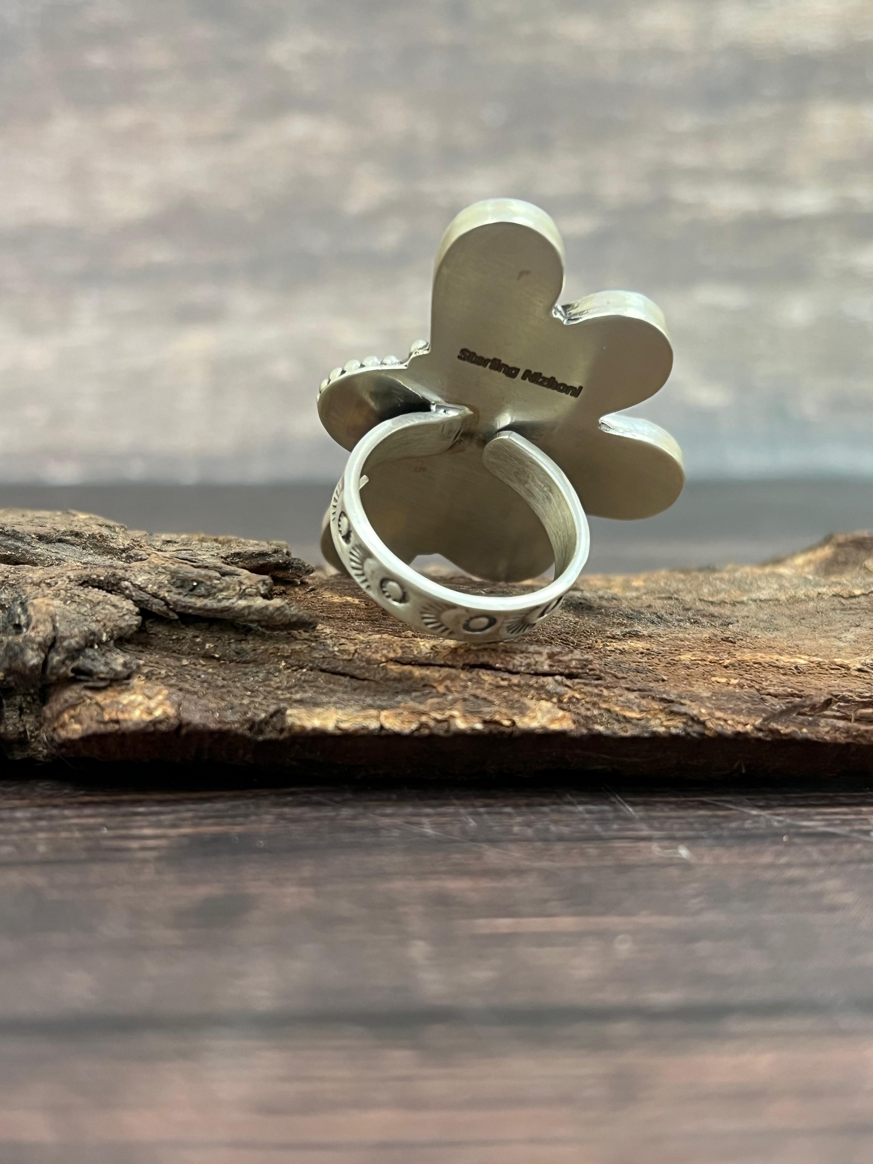 Handmade Sterling Silver South Hill Turquoise Adjustable Ring with Signed Nizhoni