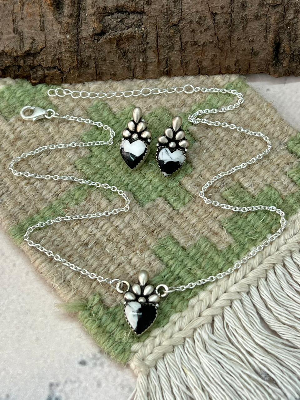 Handmade Sterling Silver White Buffalo Necklace Earrings Set "Signed Nizhoni"