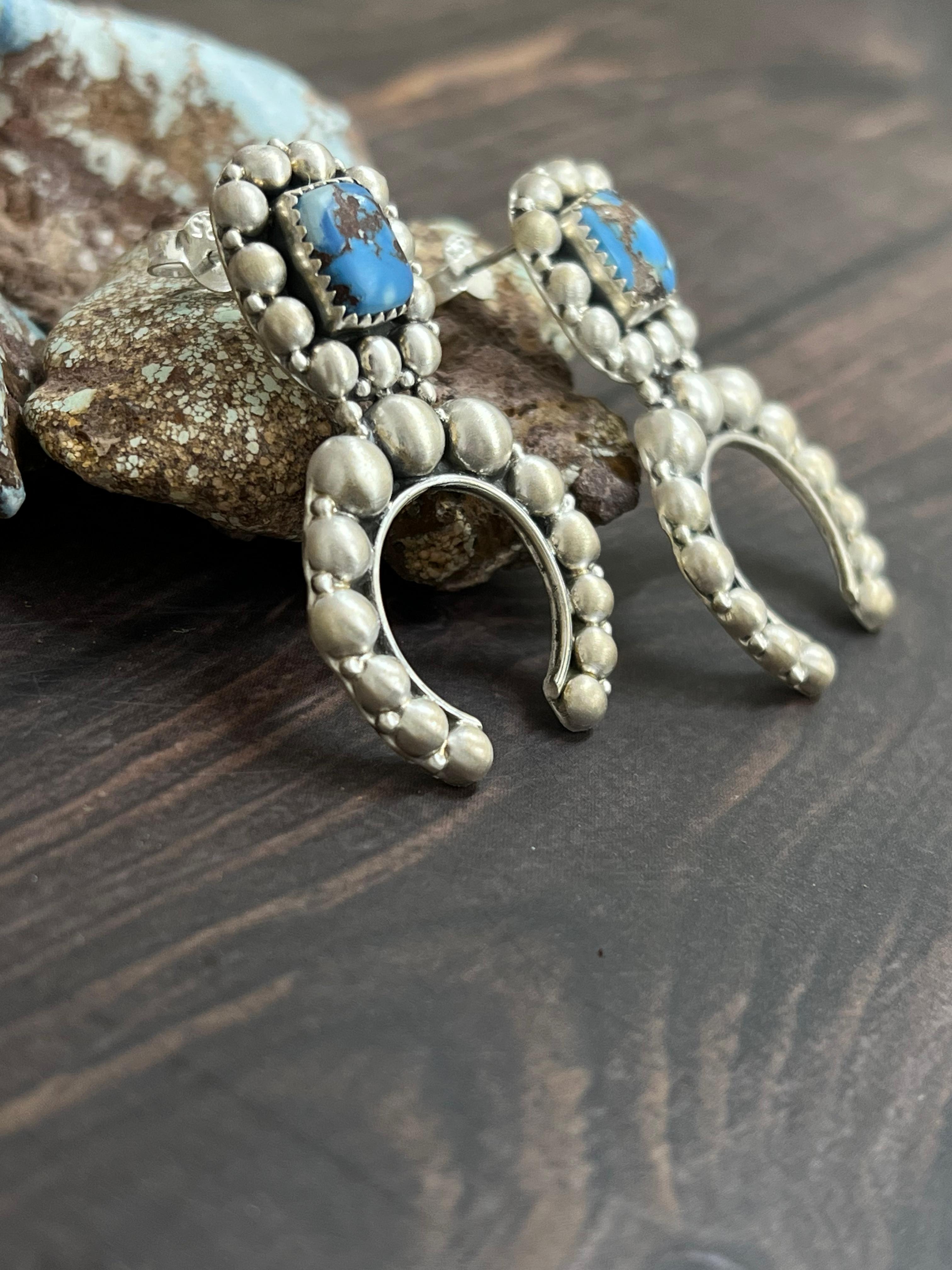 Handmade Sterling Silver Golden Hills Turquoise Post Dangle Earrings with Signed Nizhoni