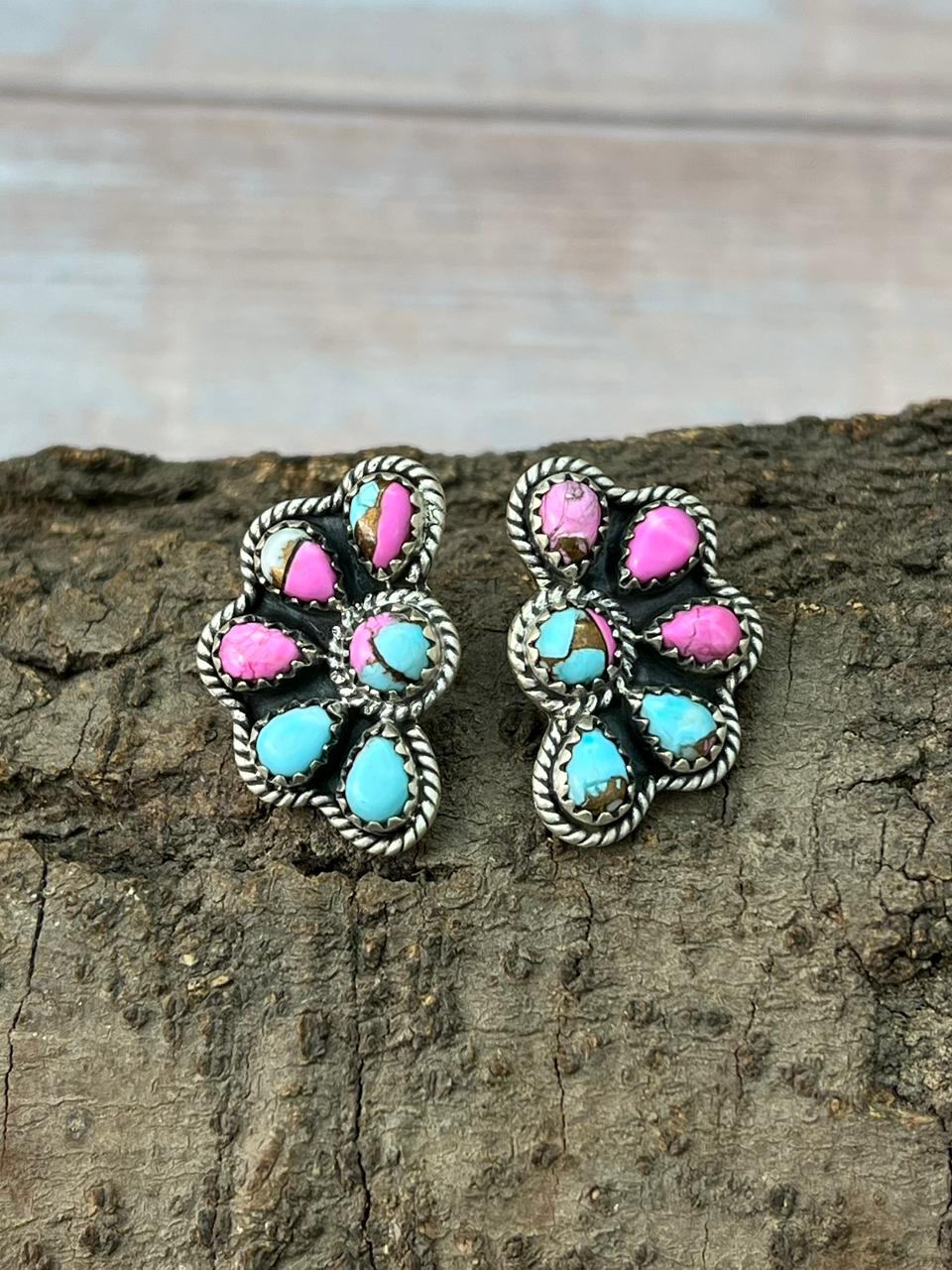 Handmade Sterling Silver Cotton Candy Post Studs Earrings "Signed Nizhoni"