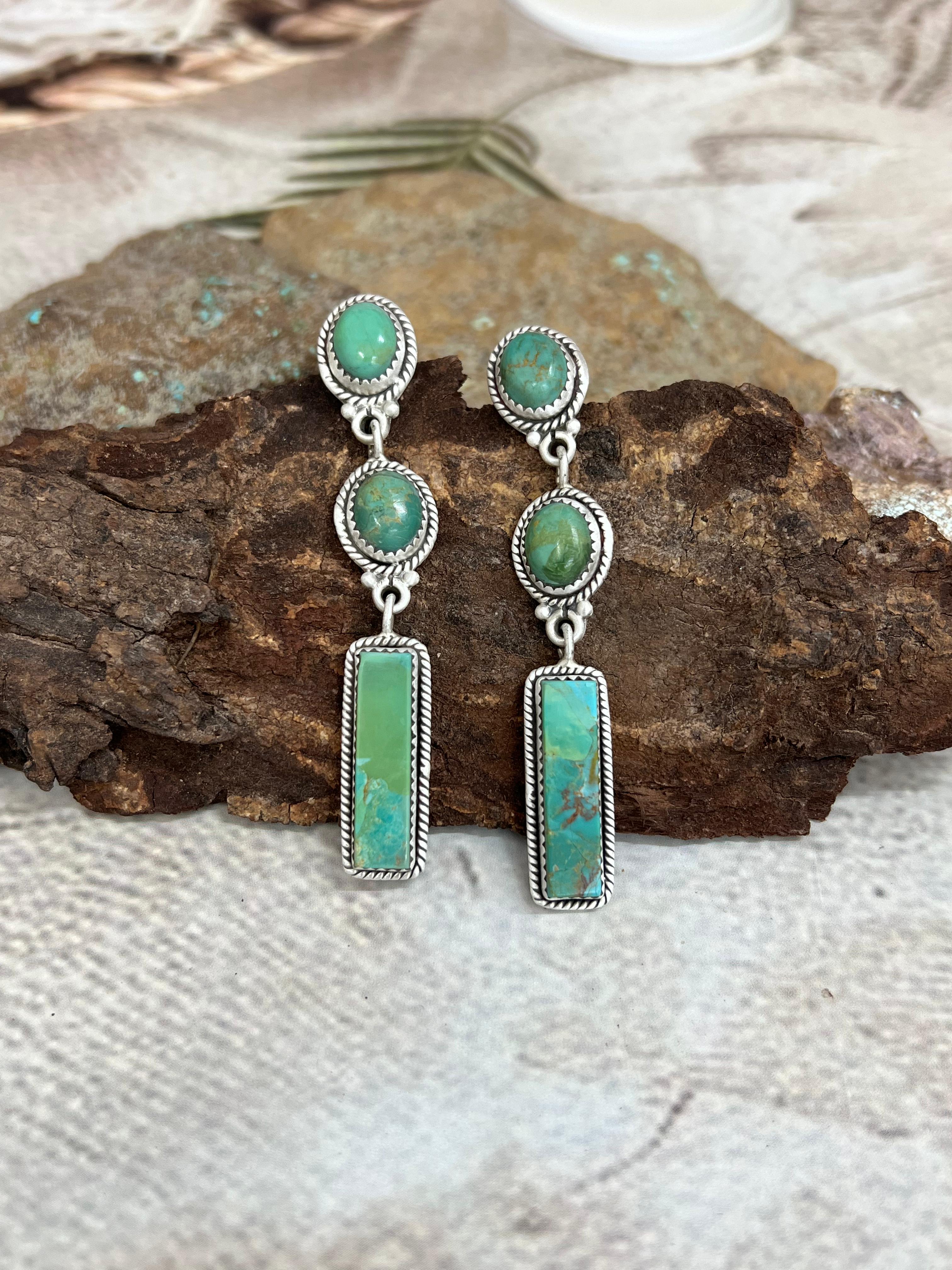 Handmade Sterling Silver Kingman Turquoise Post Dangle Earrings with Signed Nizhoni