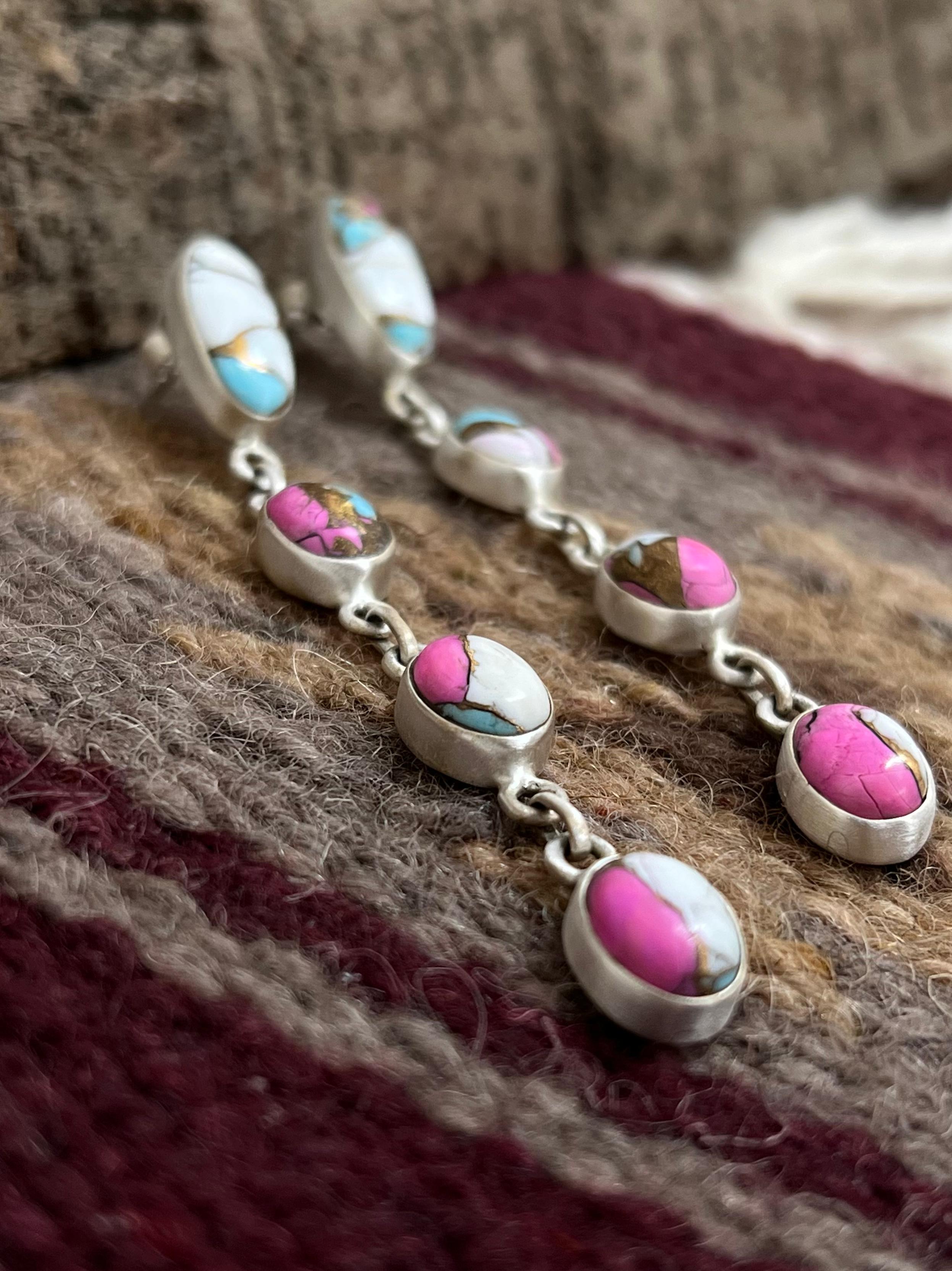 Handmade Sterling Silver Cotton Candy Turquoise Post Dangle Earrings with Signed Nizhoni