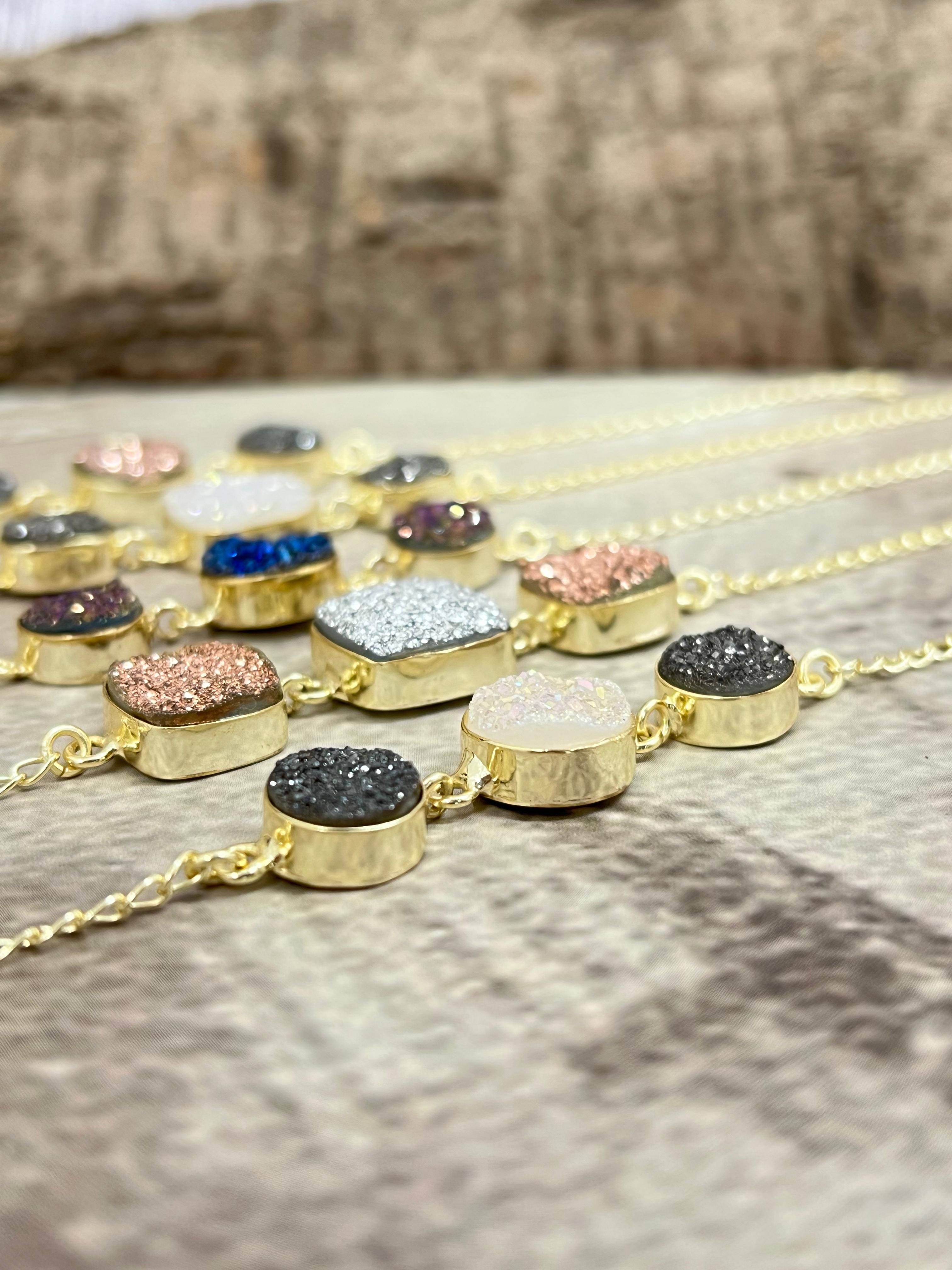“The Boho Collection” Handmade Natural Gold Plated 3 Stone Druzy Chain Bracelet