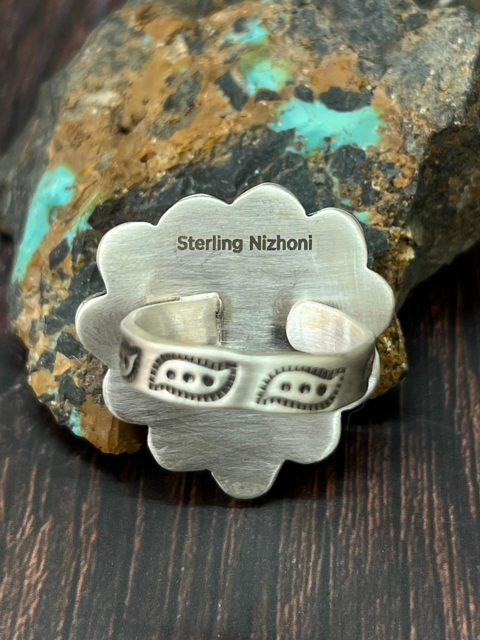 Handmade Sterling Silver Royston Ribbon Turquoise Heart Adjustable Ring "Singed Nizhoni"