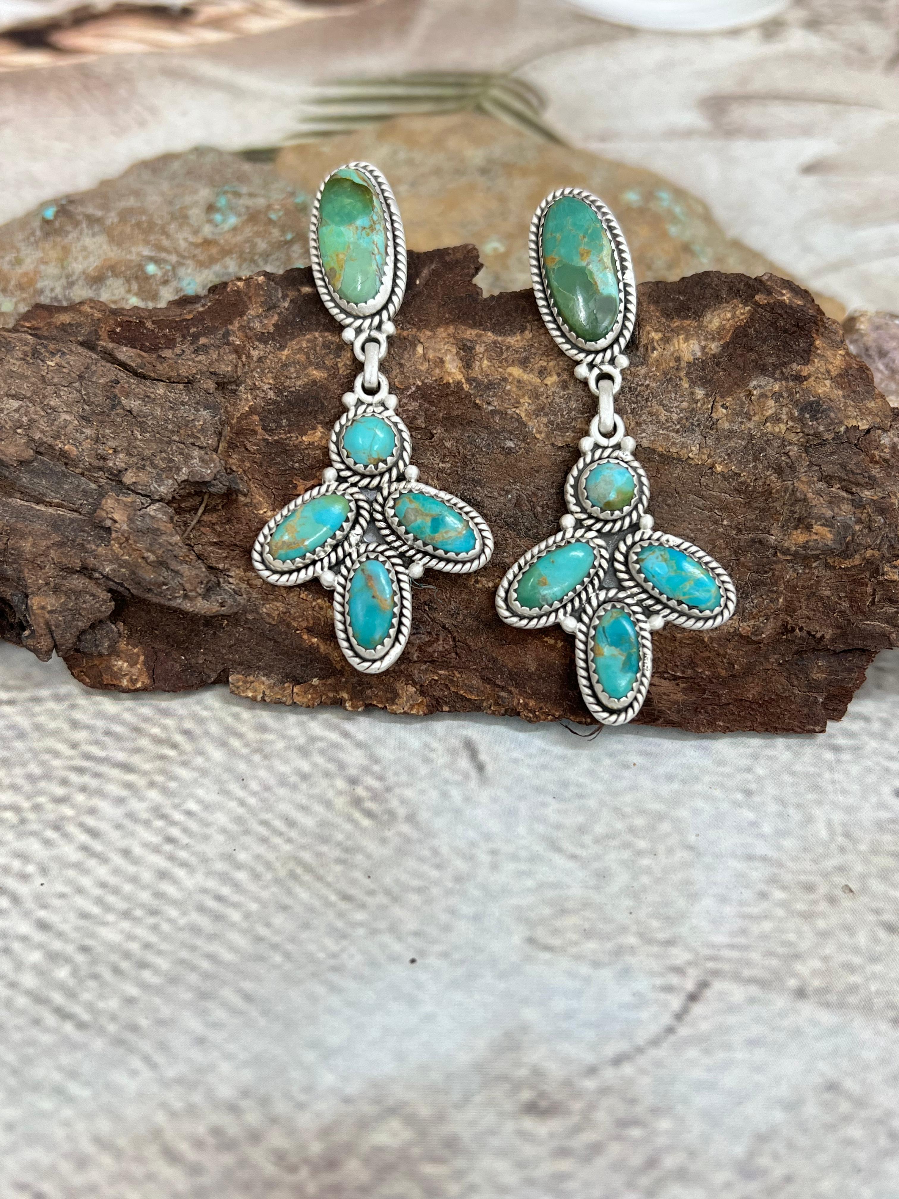 Handmade Sterling Silver Kingman Turquoise Post Dangle Earrings with Signed Nizhoni