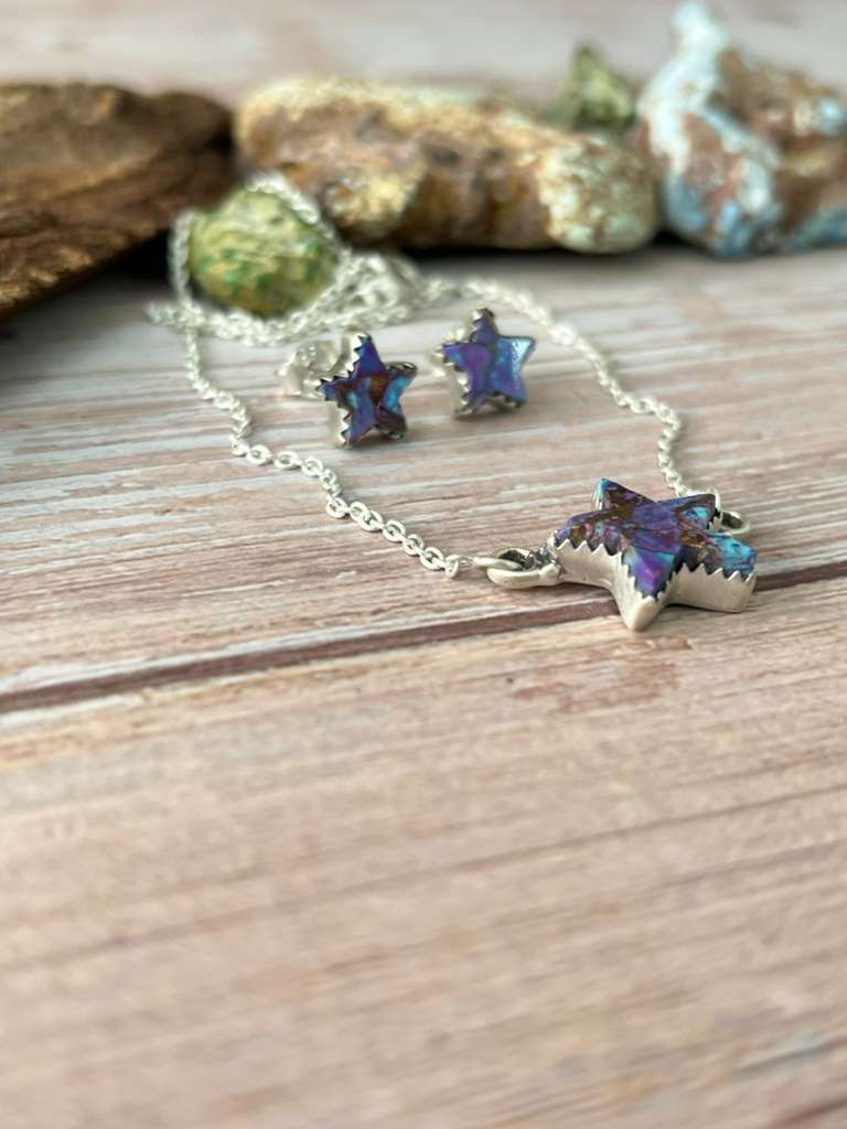 Handmade Sterling Silver Purple Dream Mojave Necklace Earrings Set with Signed Nizhoni