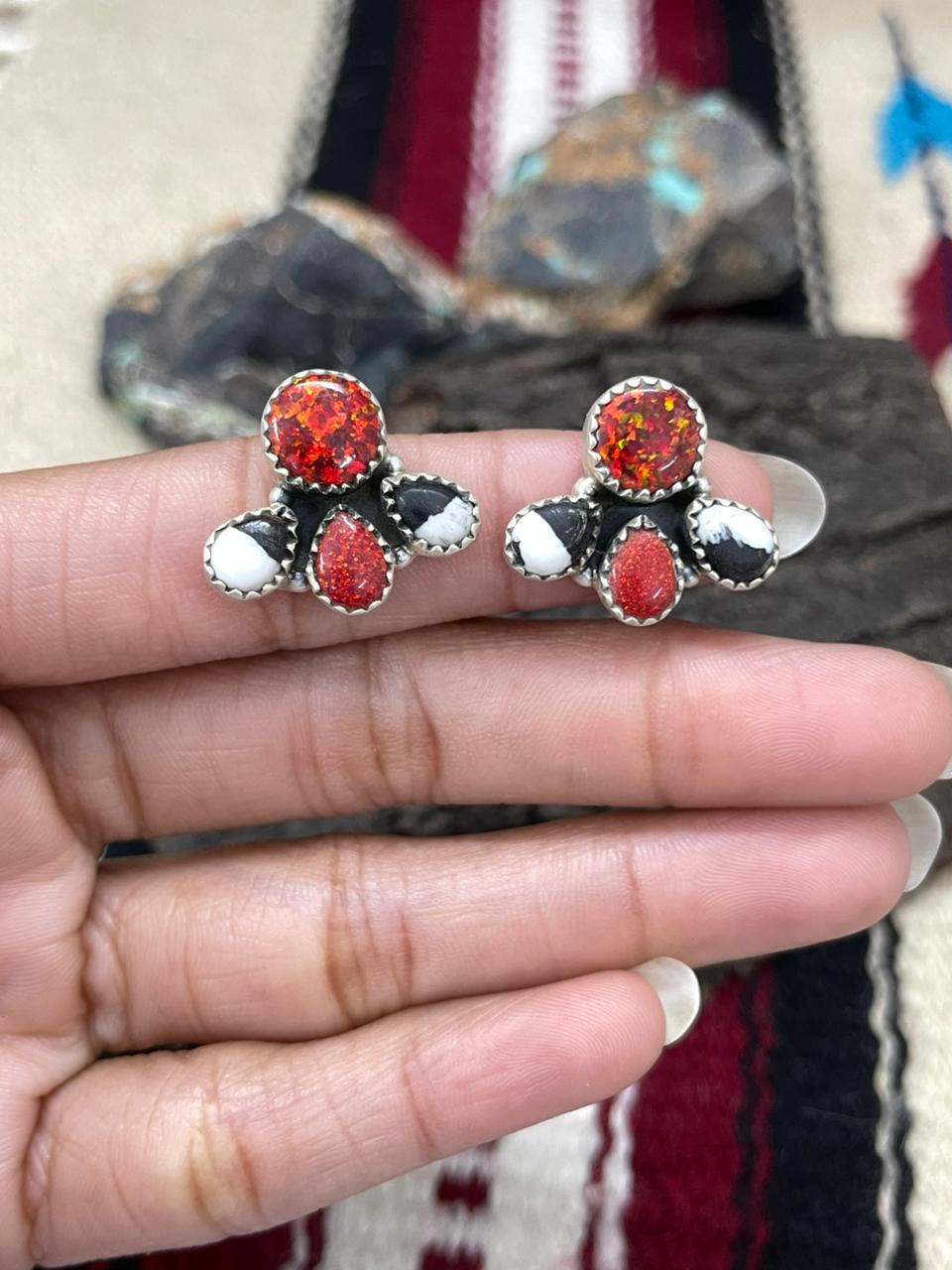 "Christmas Collection" Handmade Sterling Silver White Buffalo with Red Opal Studs Earrings "Signed Nizhoni"