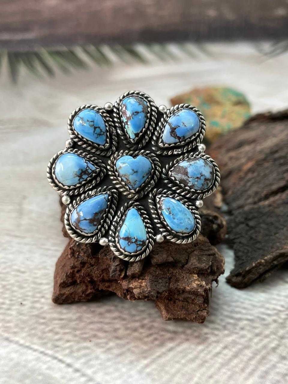 Handmade Sterling Silver Golden Hills Turquoise Adjustable Ring "Signed Nizhoni"
