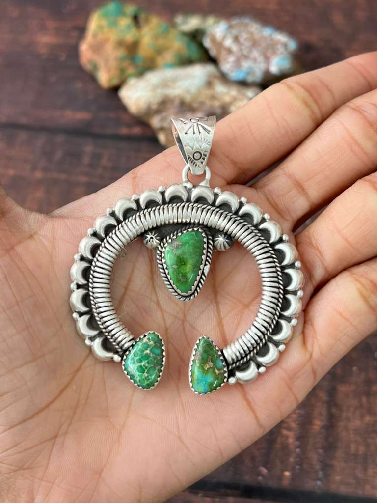 Handmade Sterling Silver Sonoran Mountain Turquoise Naja Pendant "Signed Nizhoni"