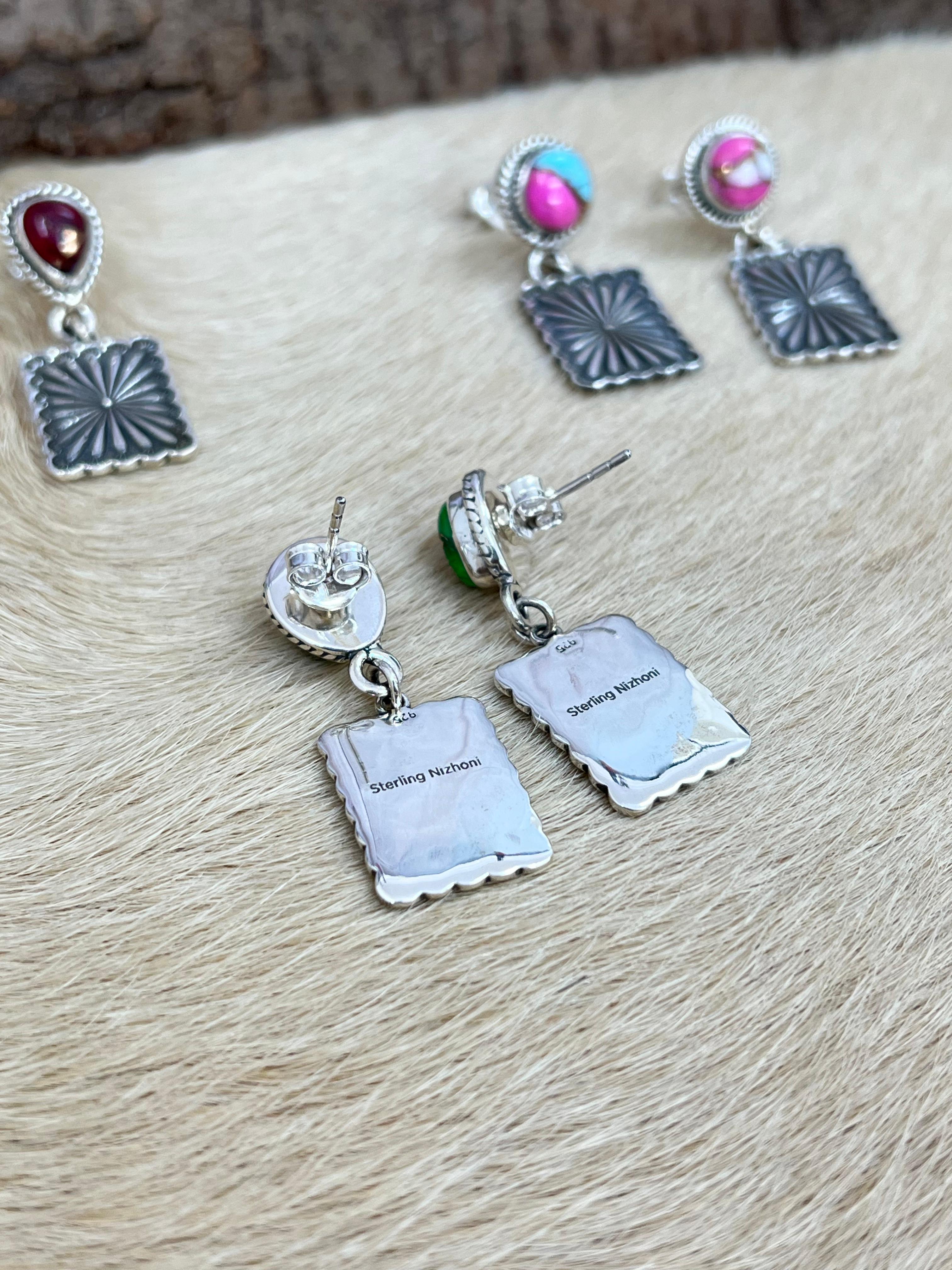 Handmade Sterling Silver Peacock Dahlia, Cotton Candy, Dahlia Rose Dangle Earrings, Signed Nizhoni (3)