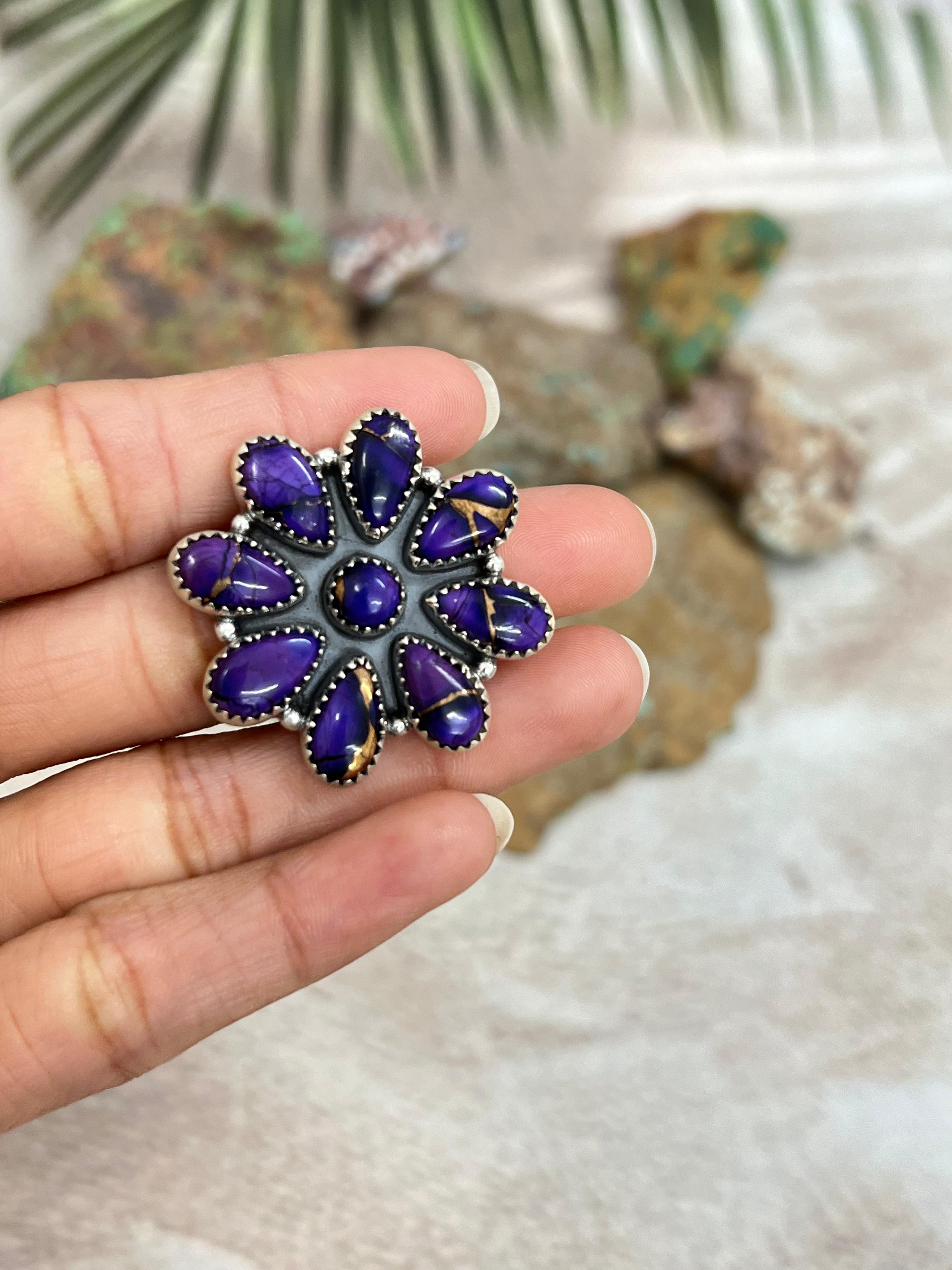 Handmade Sterling Silver Grape Dahlia Adjustable Ring with Signed Nizhoni