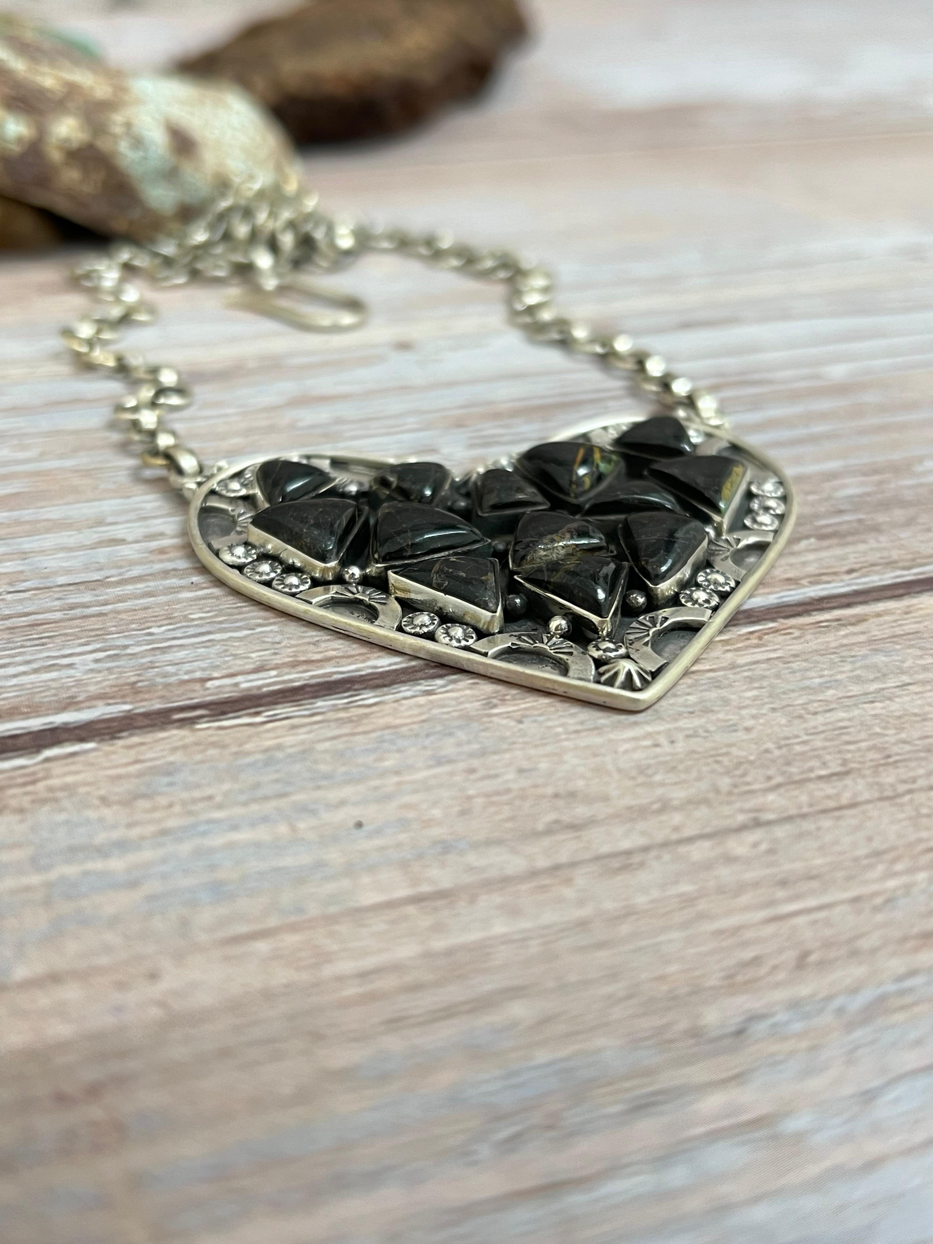 Handmade Sterling Silver Blackjack Turquoise Heart Necklace with Signed Nizhoni
