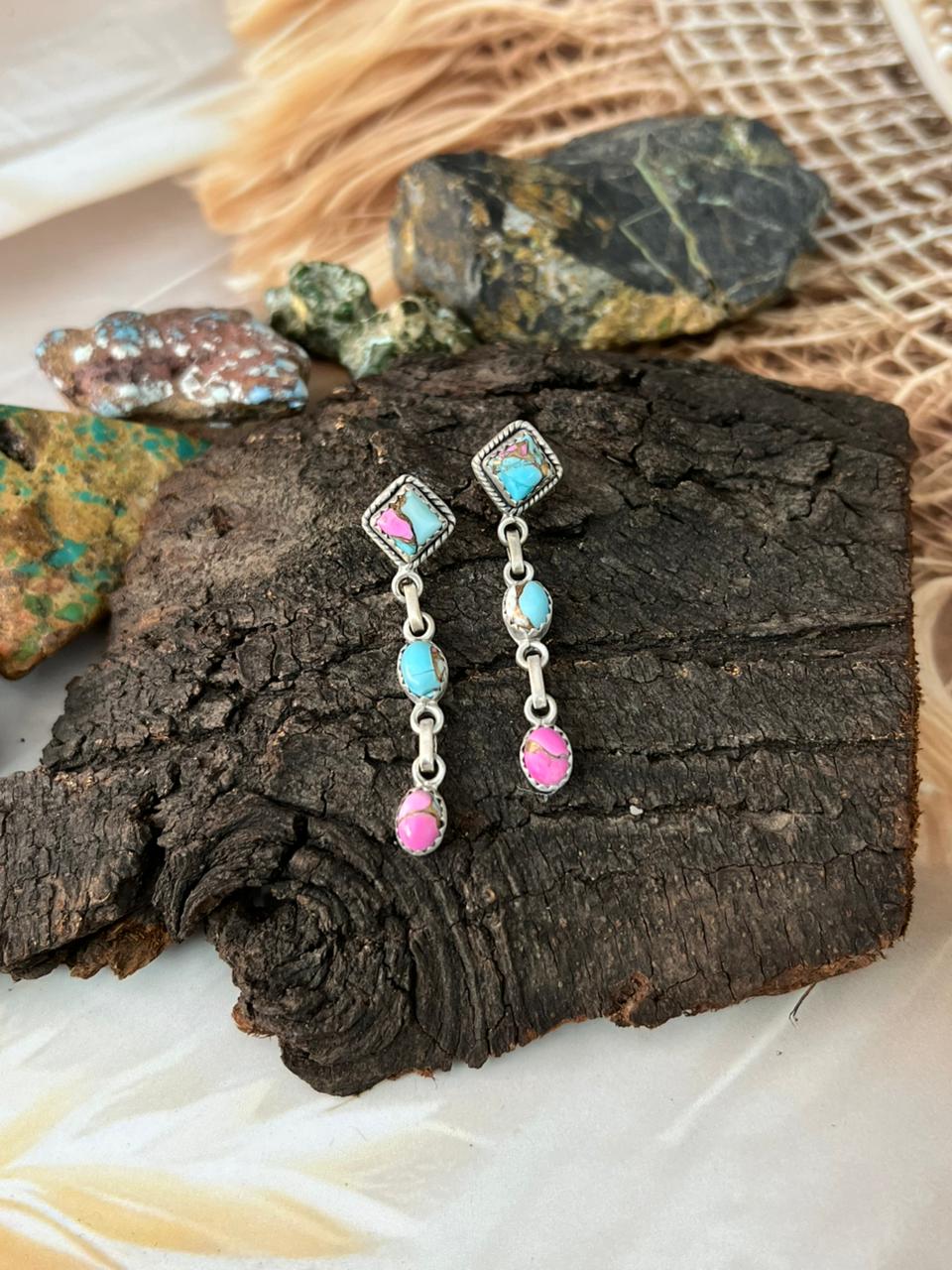 Handmade Sterling Silver Cotton Candy Post Dangle Earrings "Signed Nizhoni"