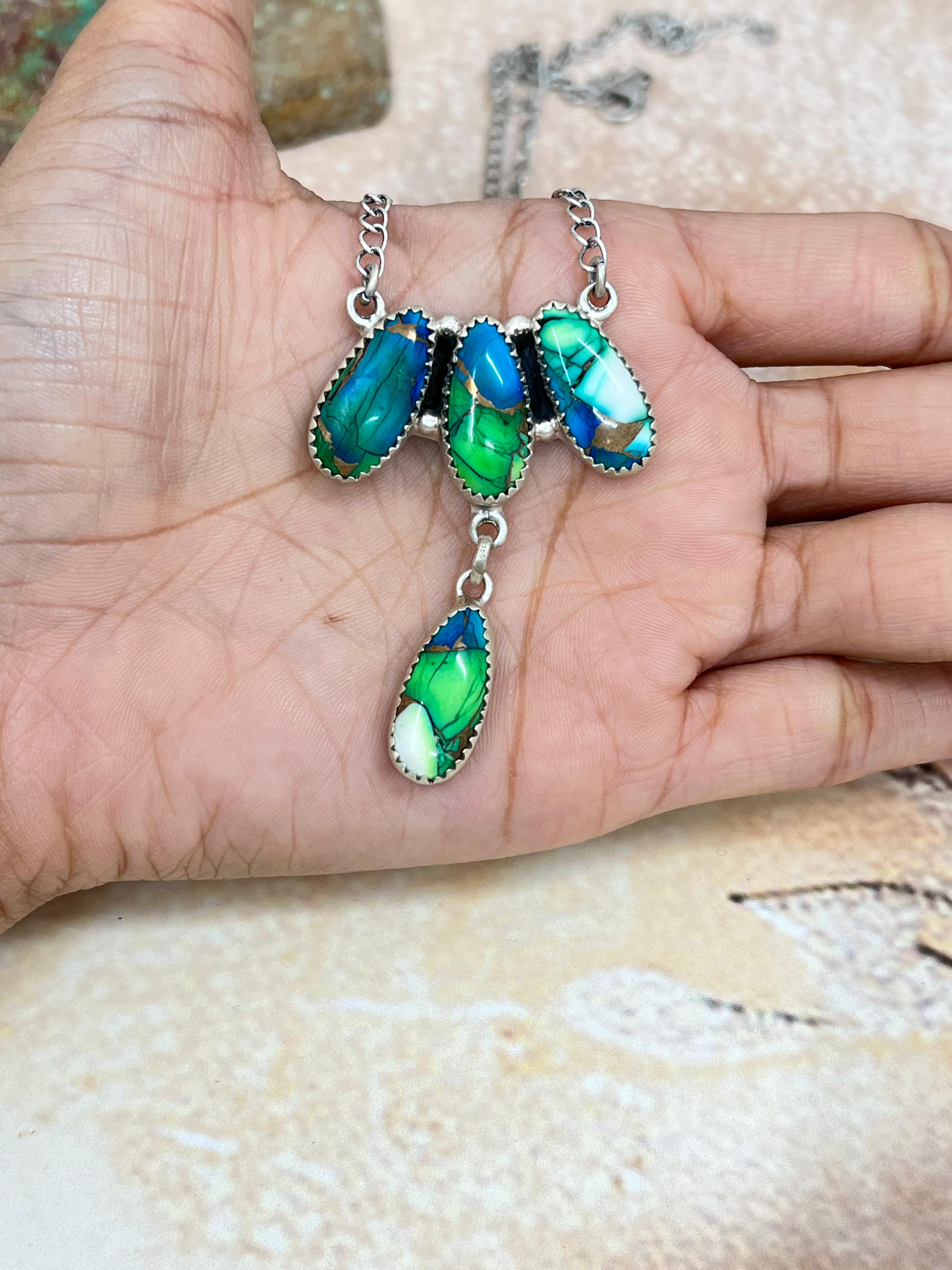 Handmade Sterling Silver Peacock Dahlia Necklace with Signed Nizhoni