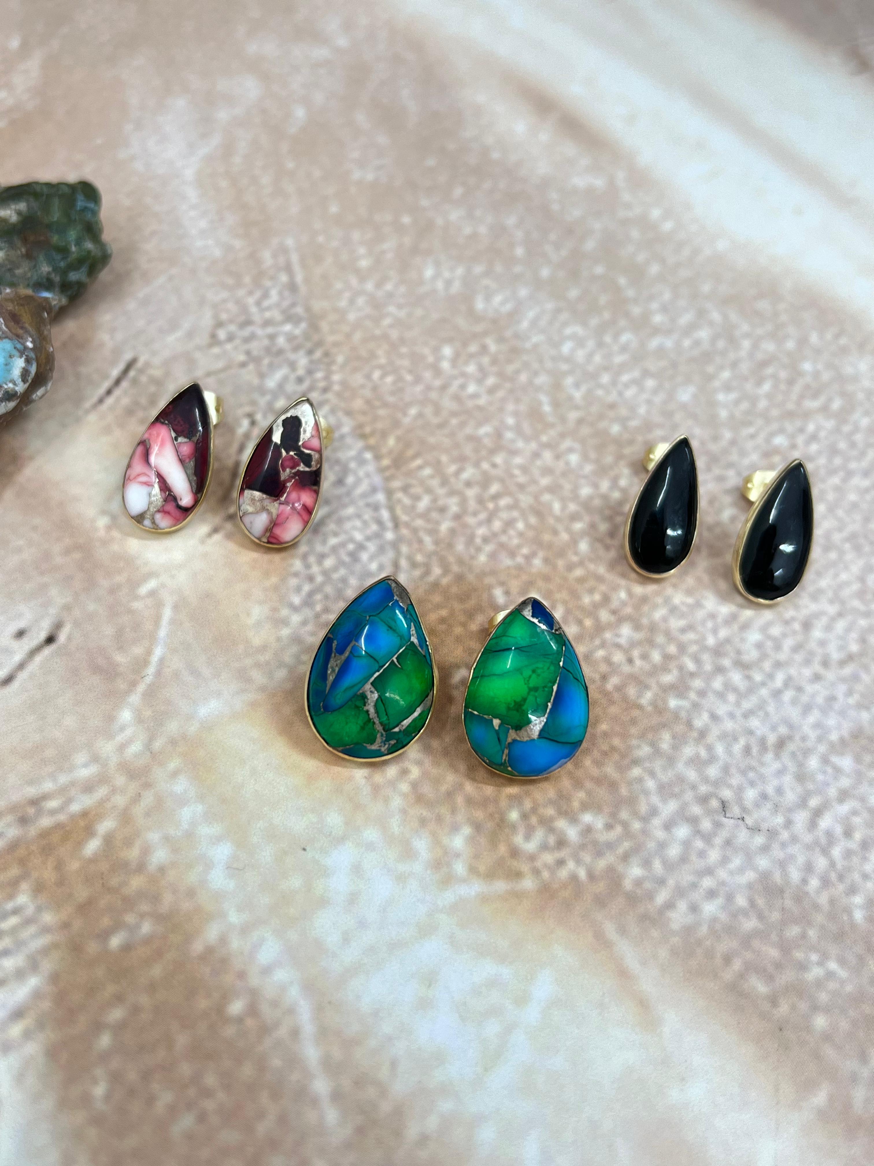 “The Golden Collection” Handmade Natural Black Onyx, Dahlia Rose, Peacock Dahlia Post Earrings