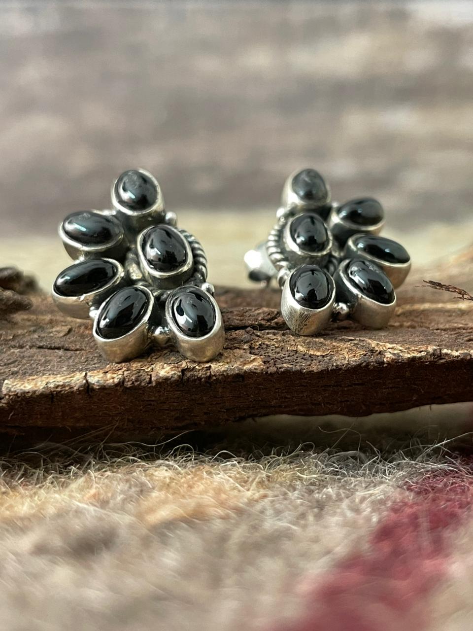 Handmade Sterling Silver Black Onyx Post Studs Earrings "Signed Nizhoni"