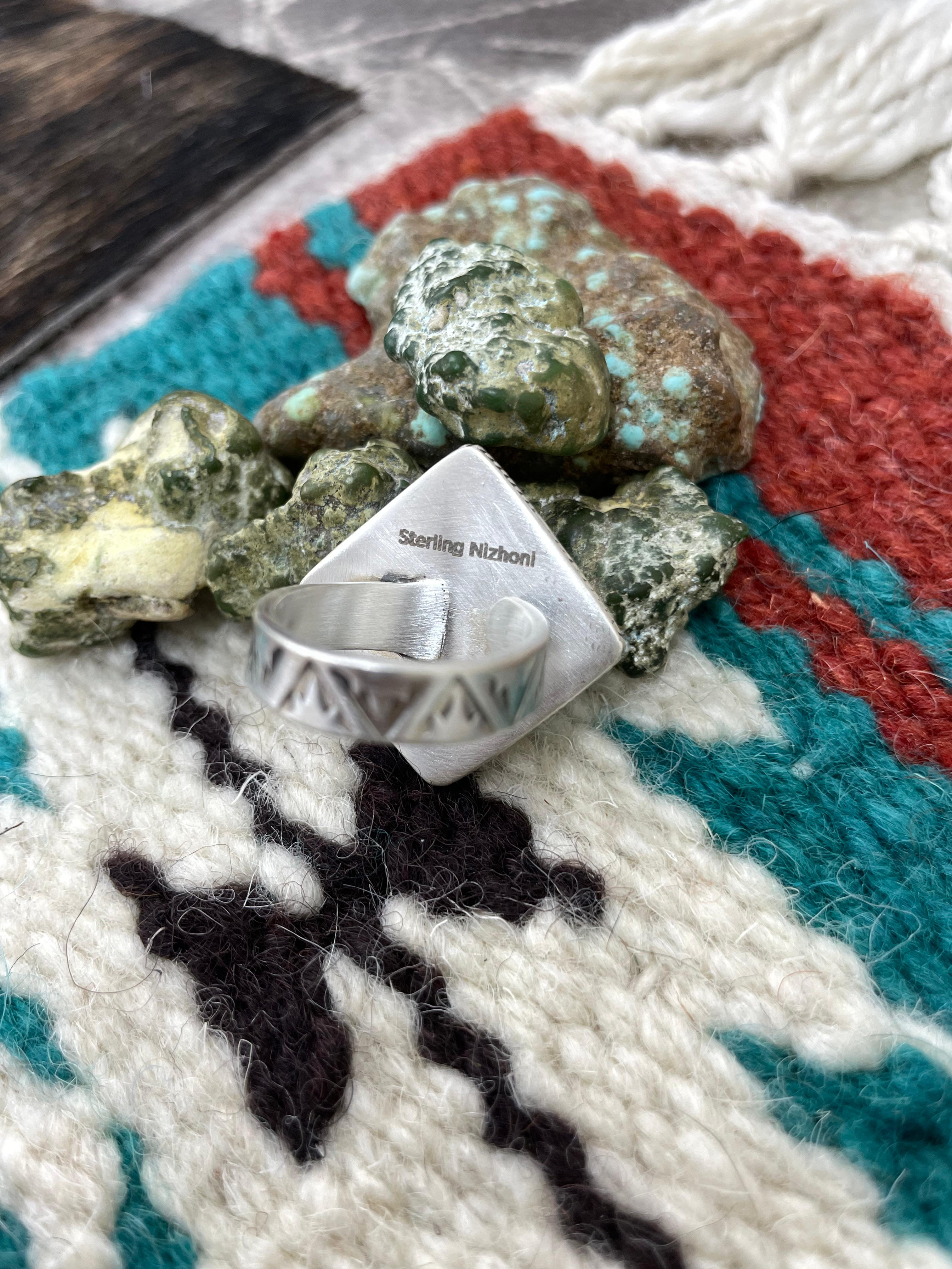 Handmade Sterling Silver Kingman Turquoise Adjustable Ring with Signed Nizhoni