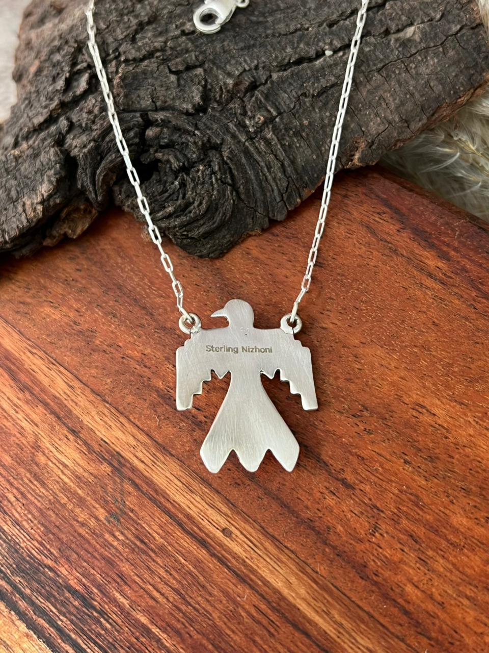 Handmade Sterling Silver Kingman Turquoise Thunder Bird Necklace "Signed Nizhoni"