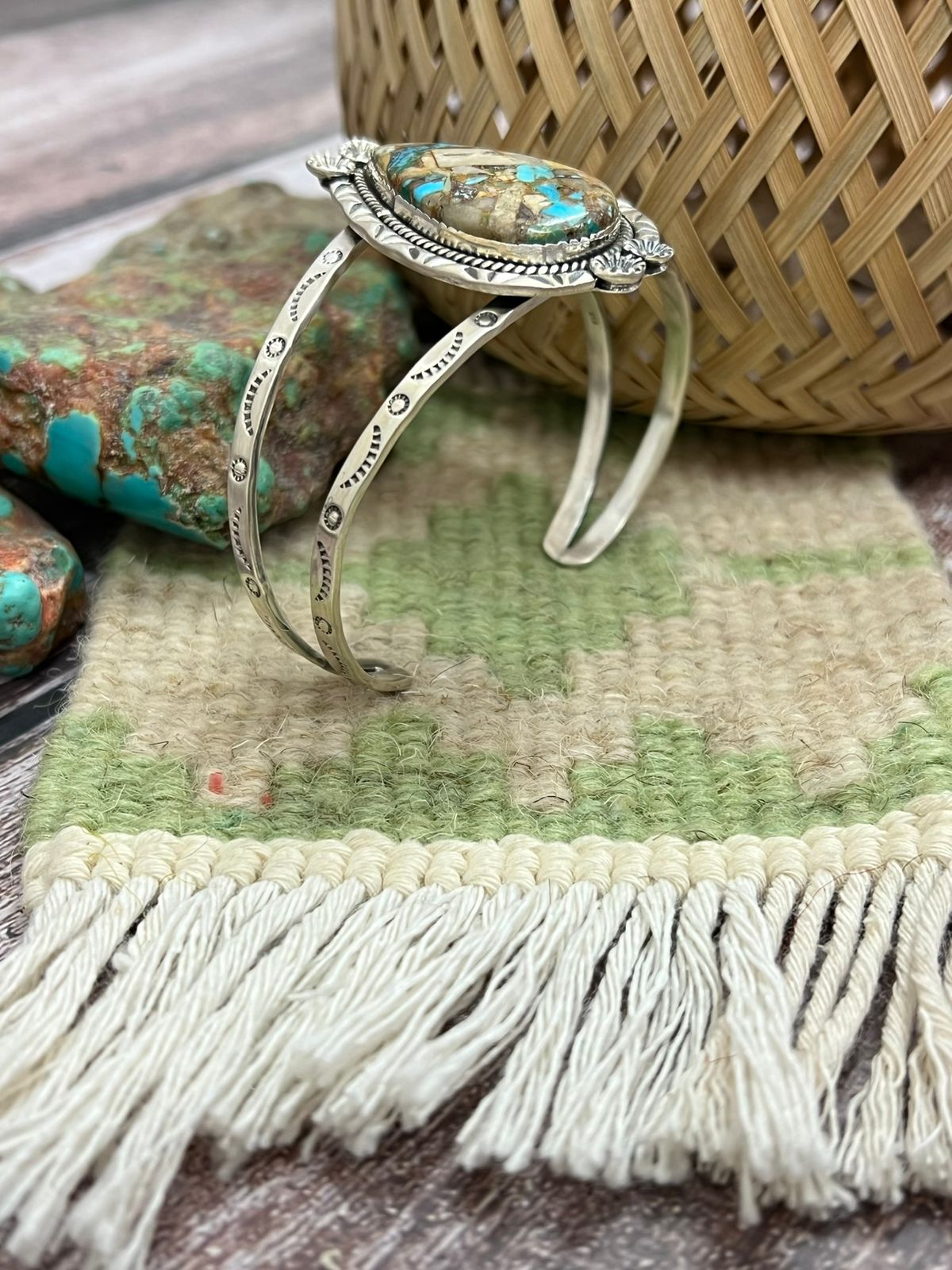 Handmade Sterling Silver Royston Turquoise Cuff Bracelet with Signed Nizhoni