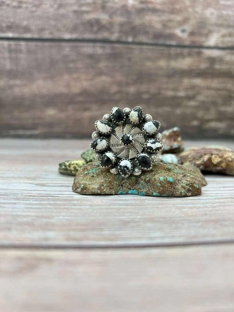 Handmade Sterling Silver White Buffalo Adjustable Ring "Signed Nizhoni" (1)