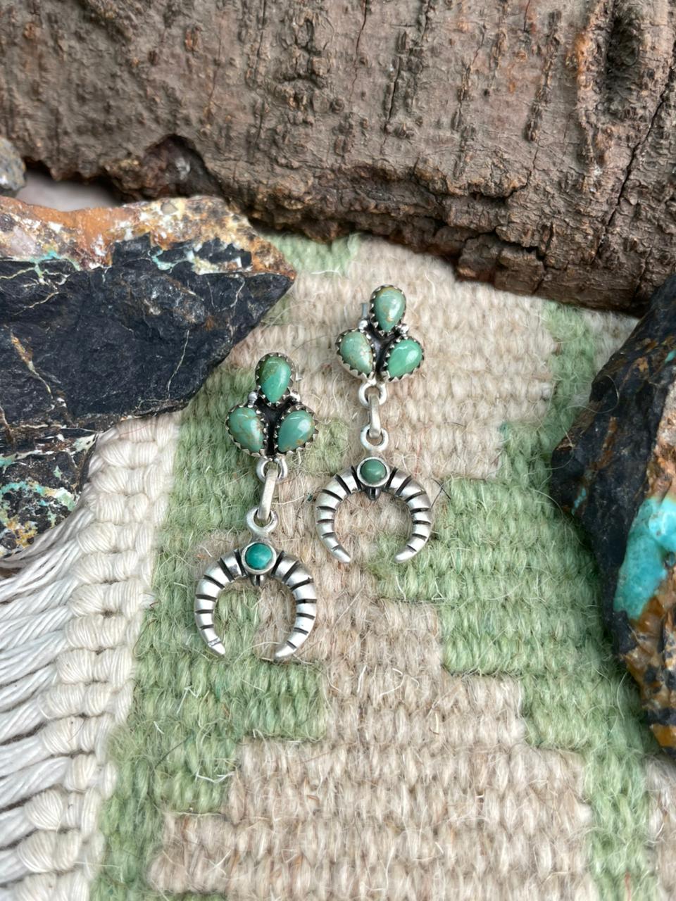 Handmade Sterling Silver Kingman Turquoise Post Dangle Earrings "Signed Nizhoni"