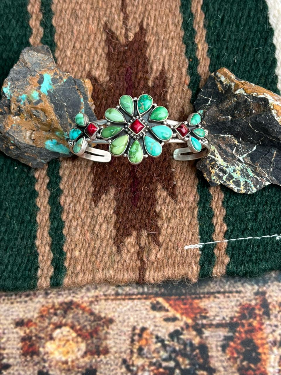 Handmade Sterling Silver Dahlia Rose with Emerald Valley Turquoise Cuff Bracelet "Signed Nizhoni"