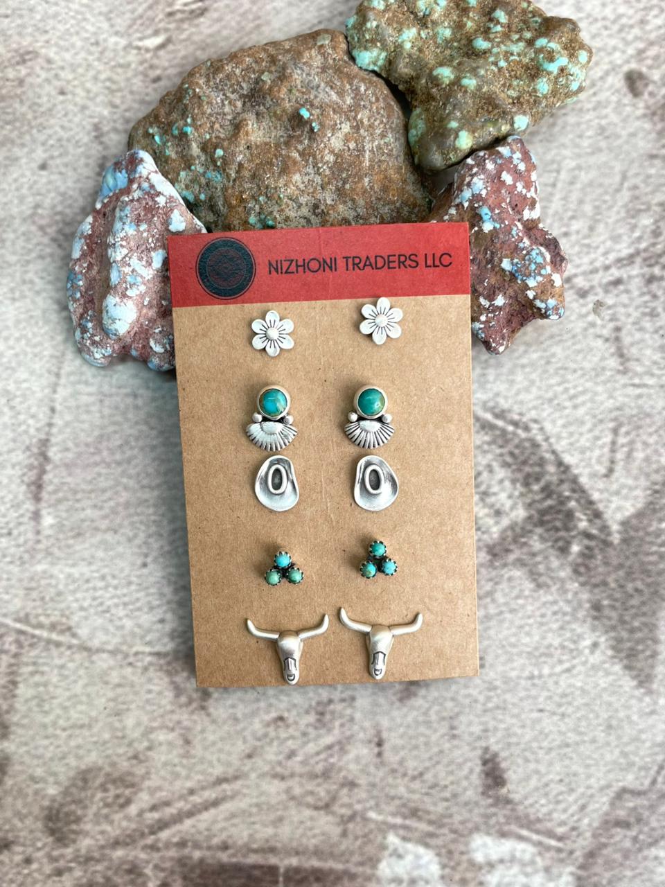 Handmade Sterling Silver Kingman Turquoise Post Studs Set (Card) Earrings