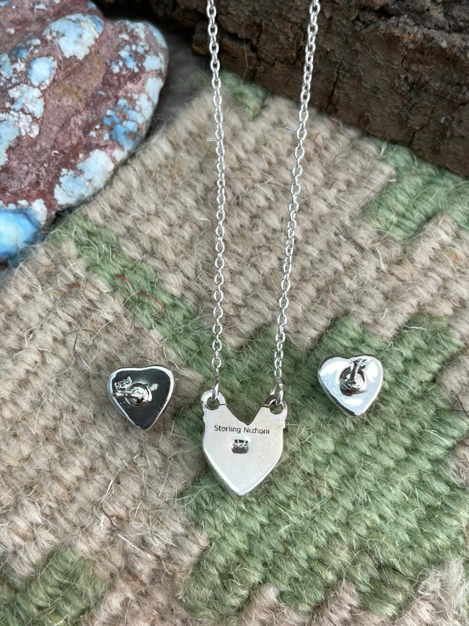 Handmade Sterling Silver Dahlia Rose Heart Necklace Earrings Set "Signed Nizhoni"