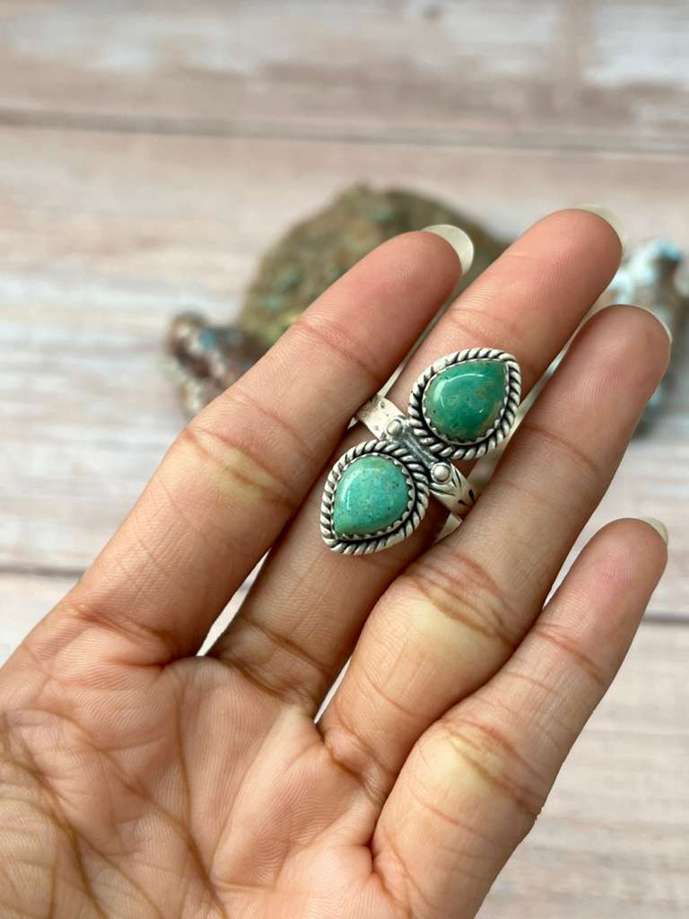 Handmade Sterling Silver Kingman Turquoise Adjustable Ring "Signed Nizhoni"