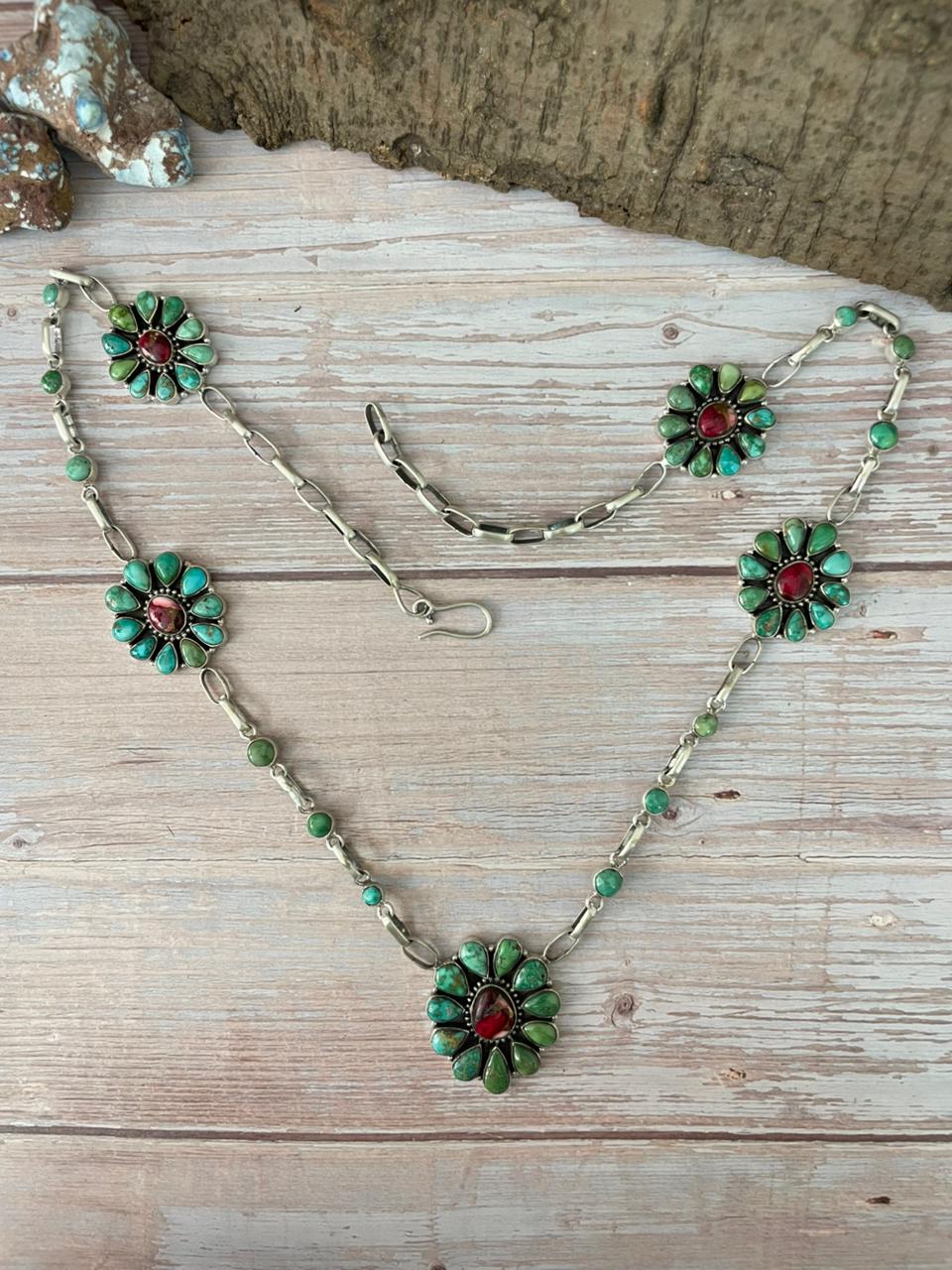 Handmade Sterling Silver Dahlia Rose with Emerald Valley Turquoise Necklace "Signed Nizhoni"