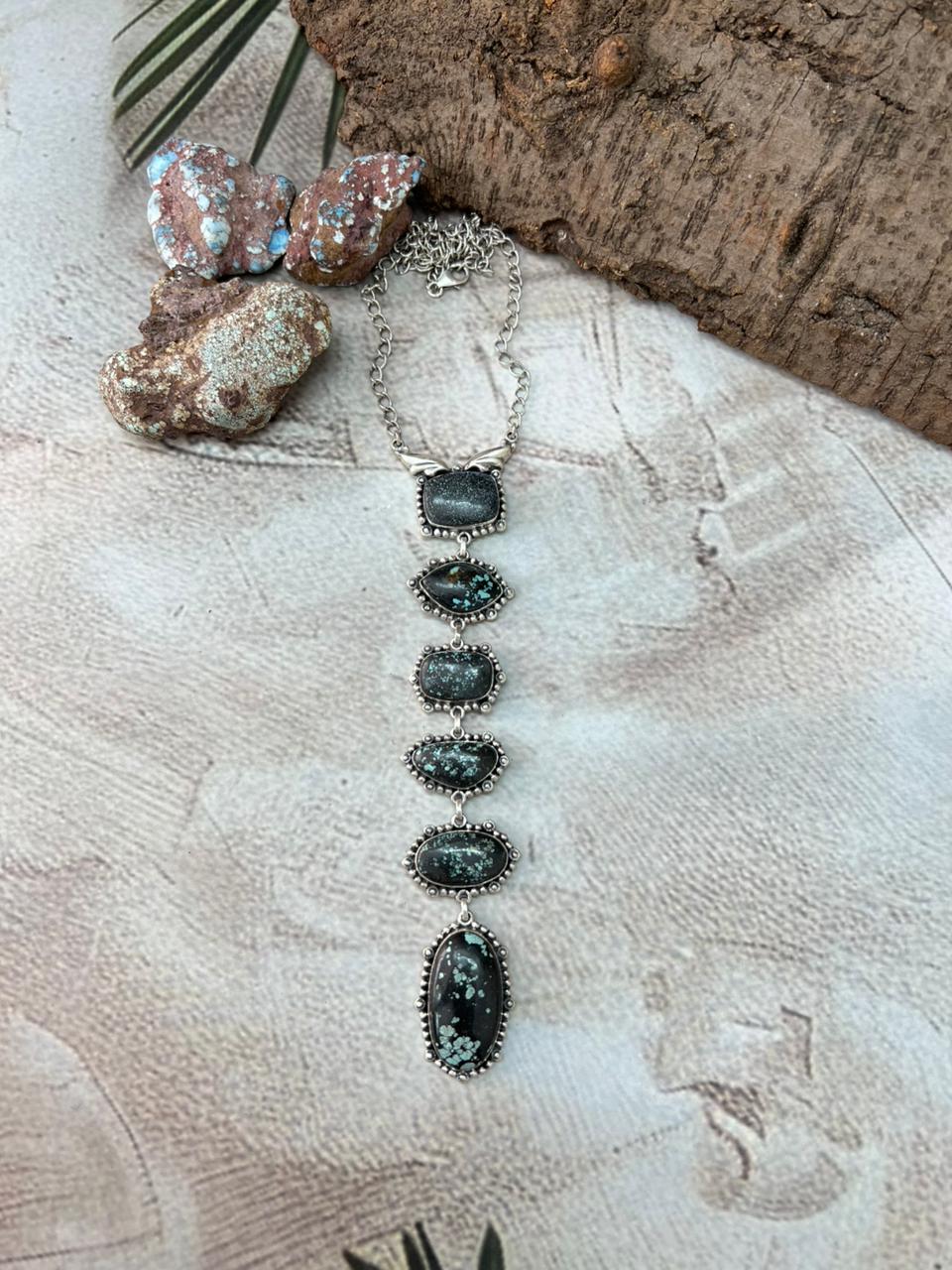 Handmade Sterling Silver Lander Turquoise Necklace with Signed Nizhoni