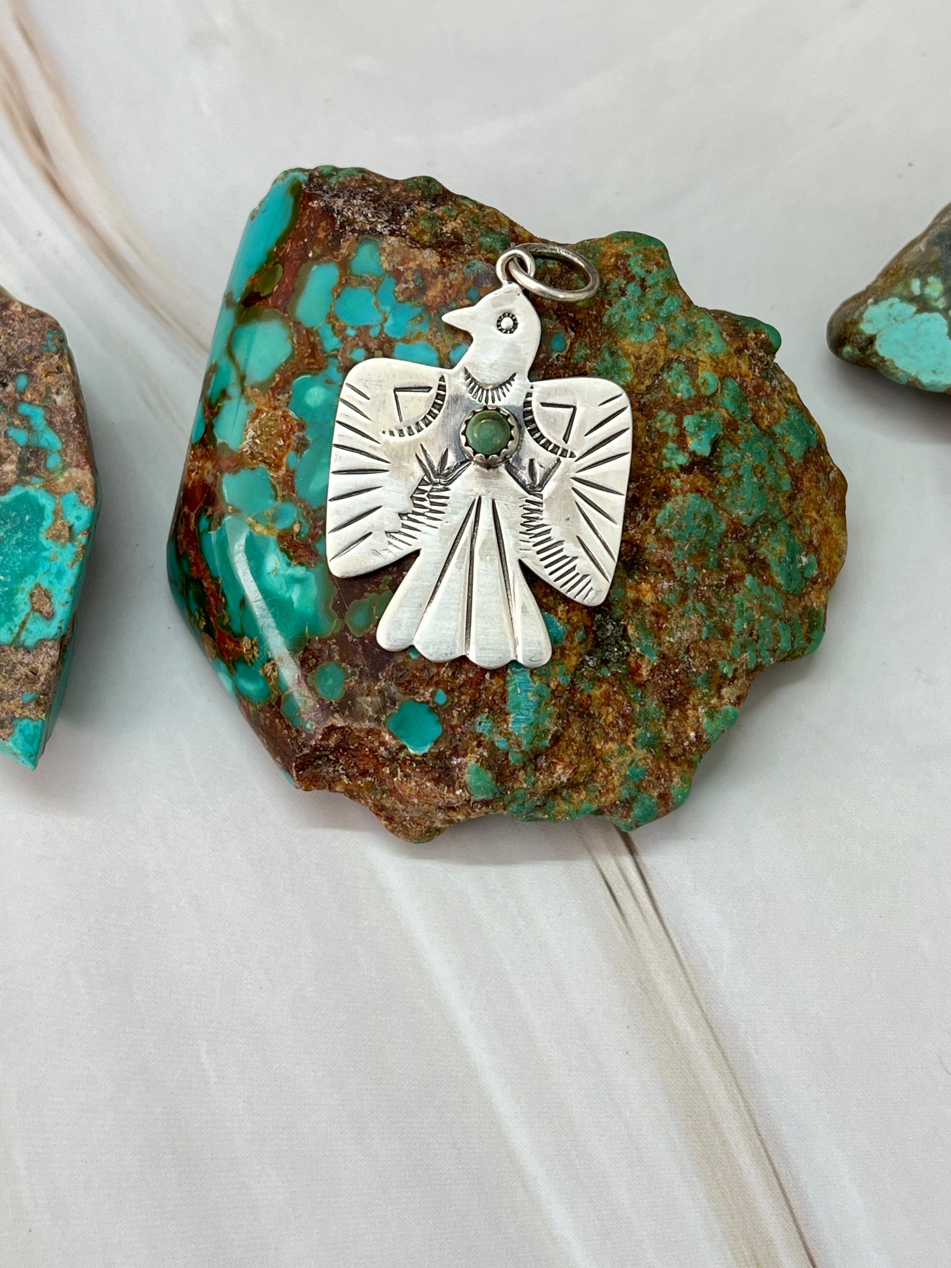 Handmade Sterling Silver Thunder Bird Kingman Turquoise Charms with Signed Nizhoni