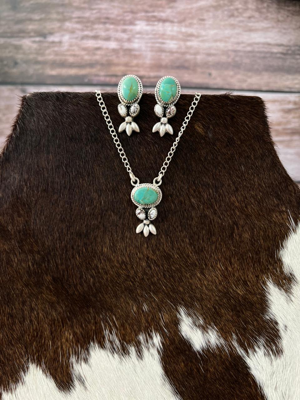 Handmade Sterling Silver Wild Horse Magnesite With Kingman Turquoise Necklace Earrings Set with Signed Nizhoni (6)