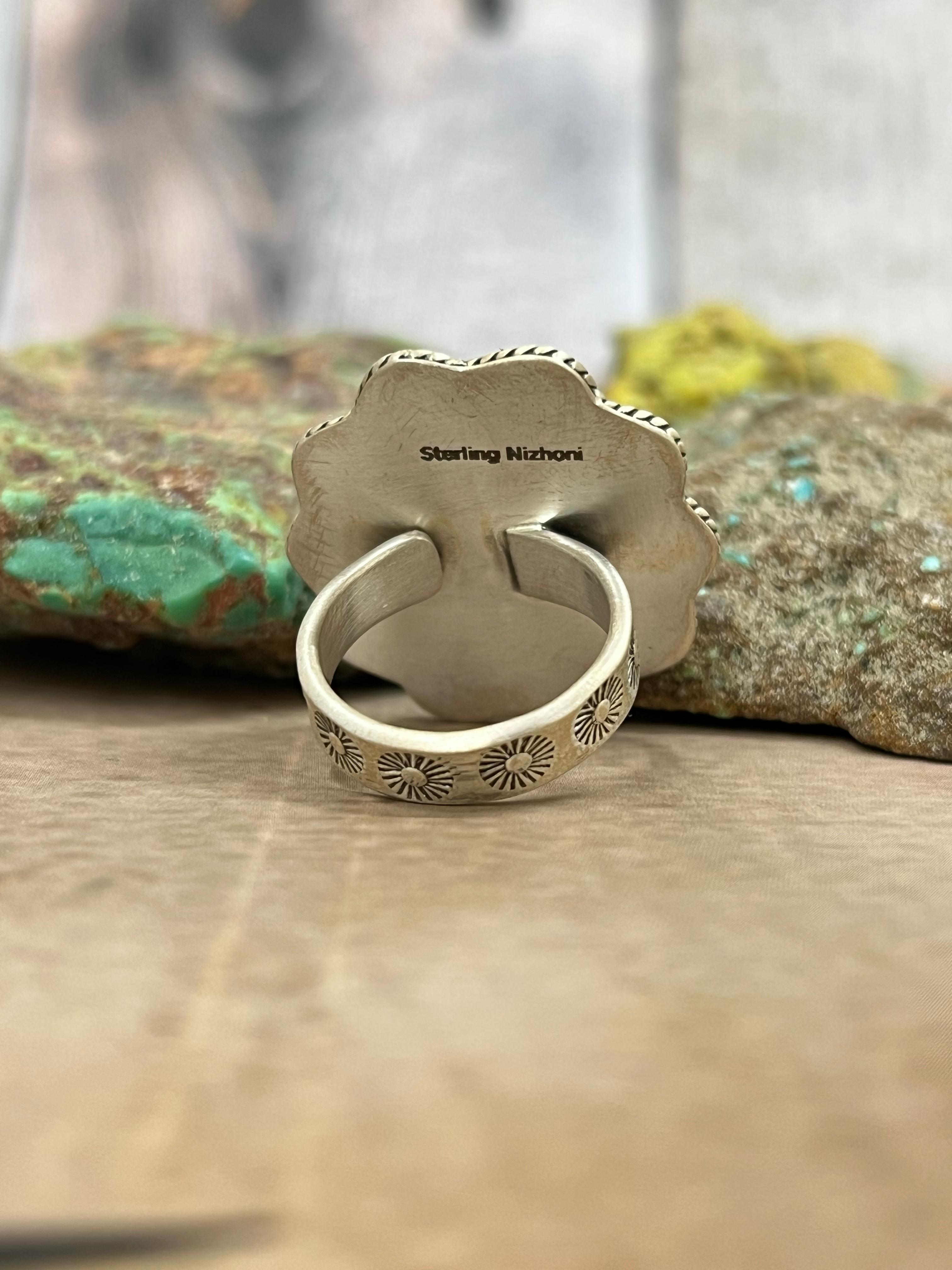 Handmade Sterling Silver Cotton Candy Turquoise Adjustable Ring with Signed Nizhoni