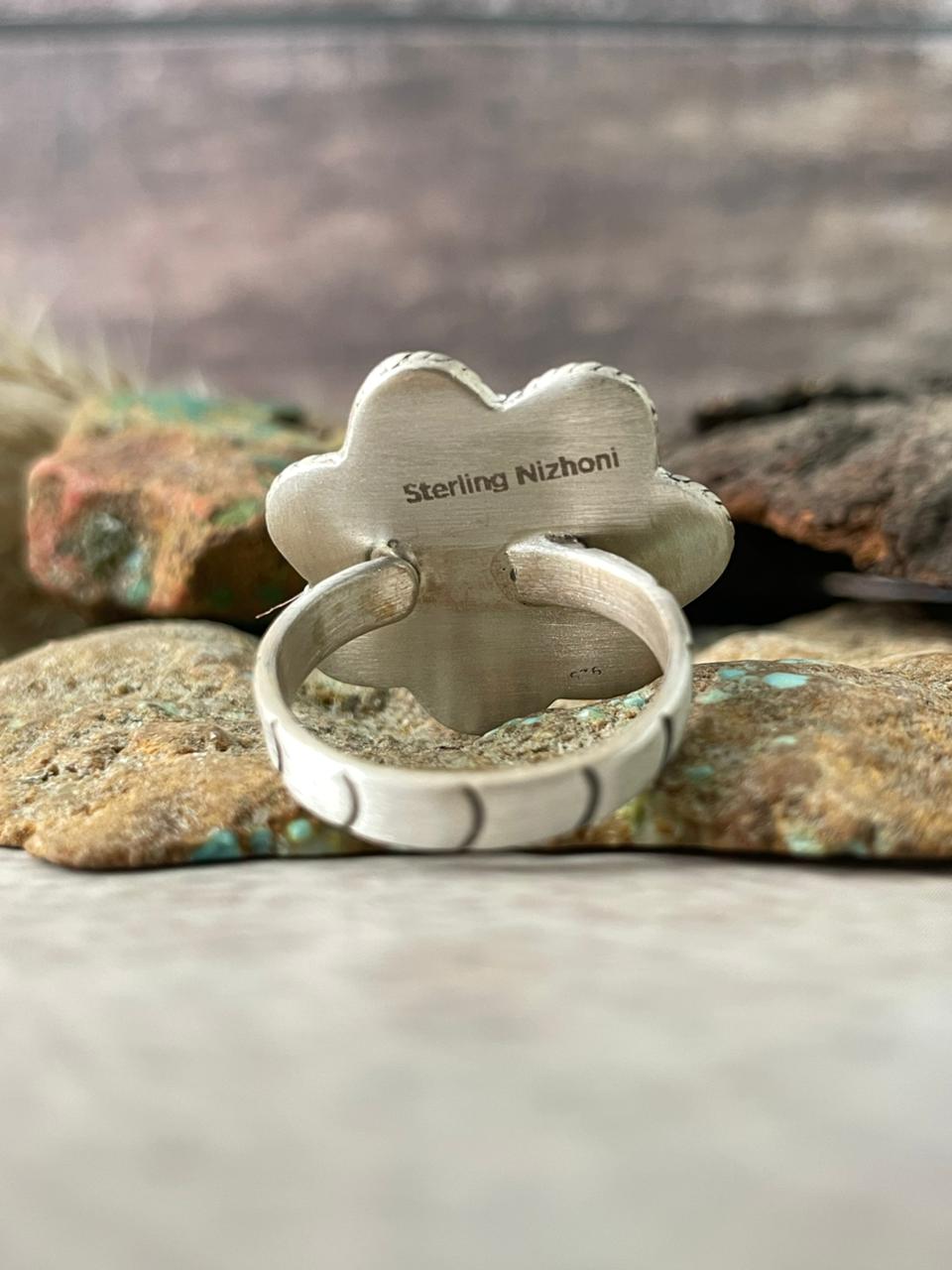 Handmade Sterling Silver Kingman Turquoise Adjustable Ring "Signed Nizhoni"
