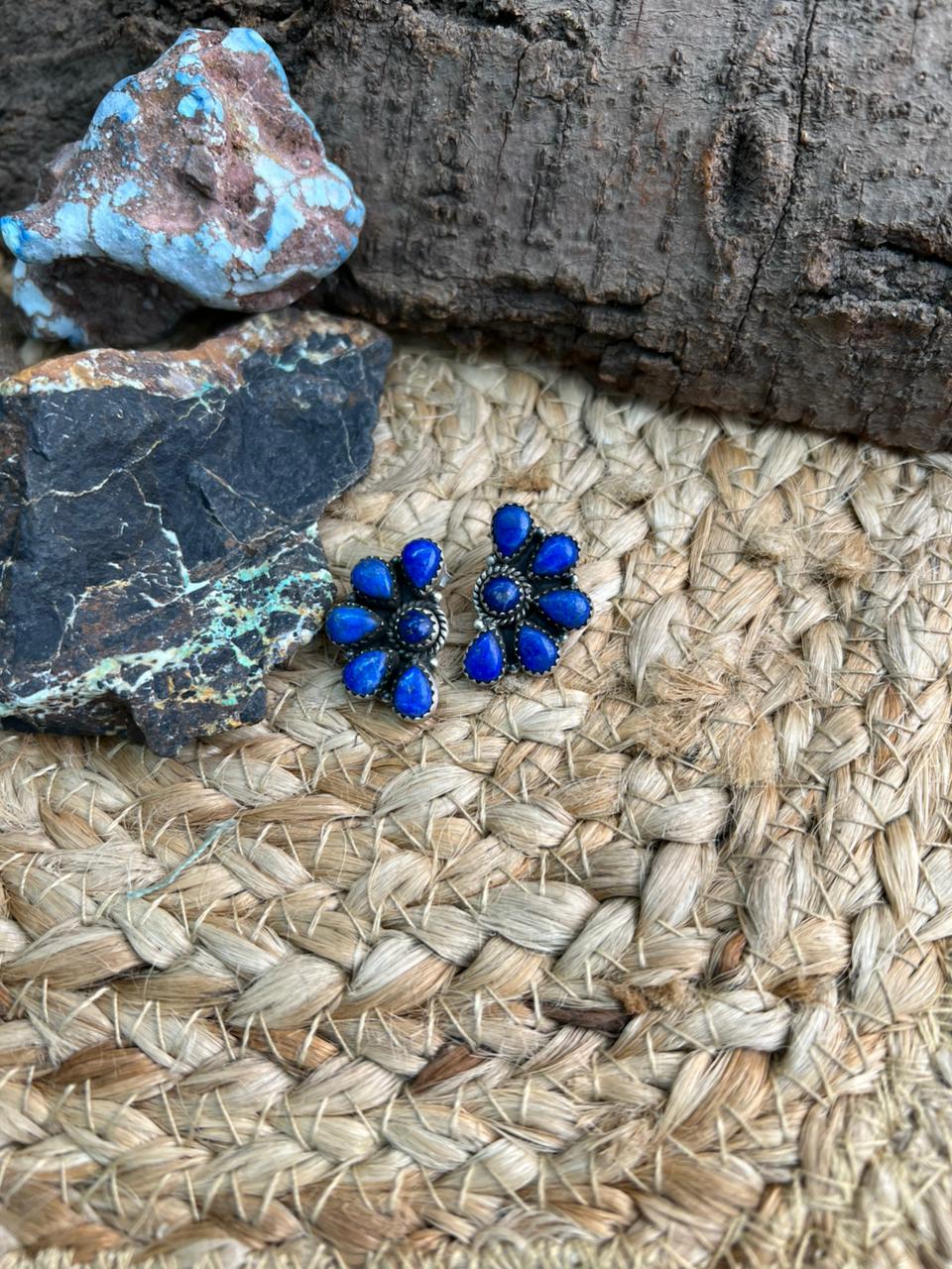 Handmade Sterling Silver Lapis Post Studs Earrings "Signed Nizhoni"
