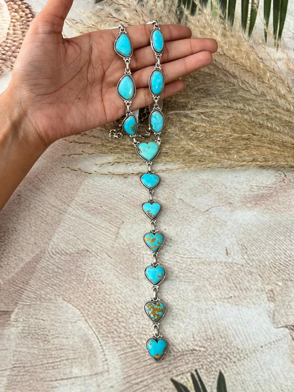 Handmade Sterling Silver Santa Maria Turquoise Heart Lariat Necklace "Signed Nizhoni"