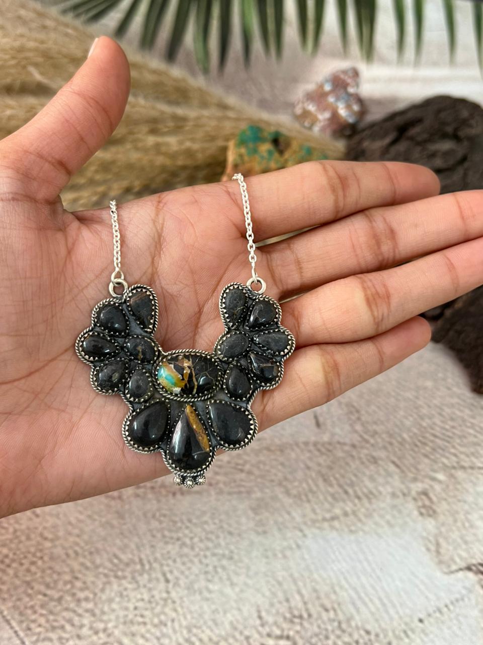 Handmade Sterling Silver Blackjack Turquoise Necklace "Signed Nizhoni"