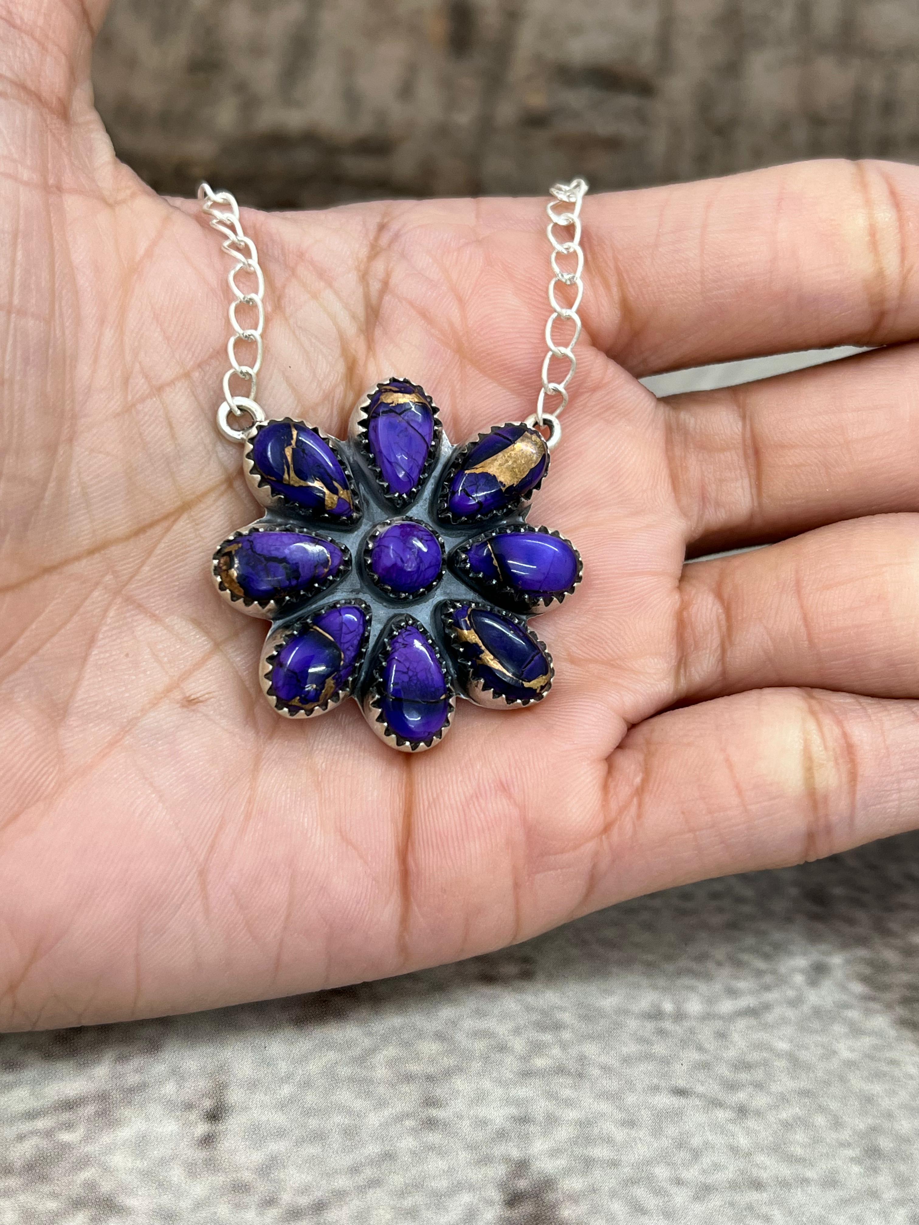 Handmade Sterling Silver Grape Dahlia Flower Necklace with Signed Nizhoni